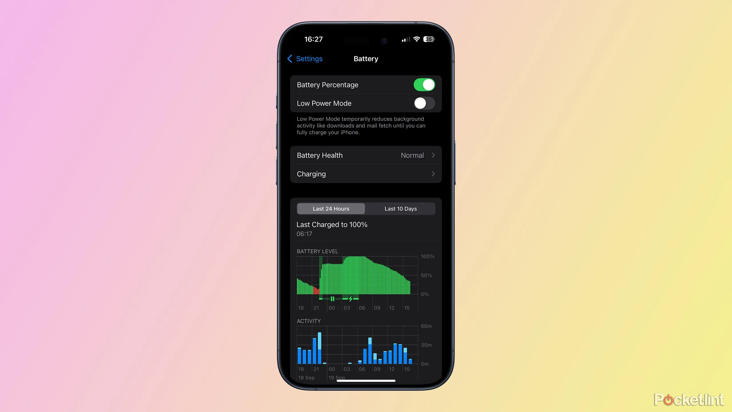 Giao diện cài đặt Pin trên iPhone chạy iOS 18