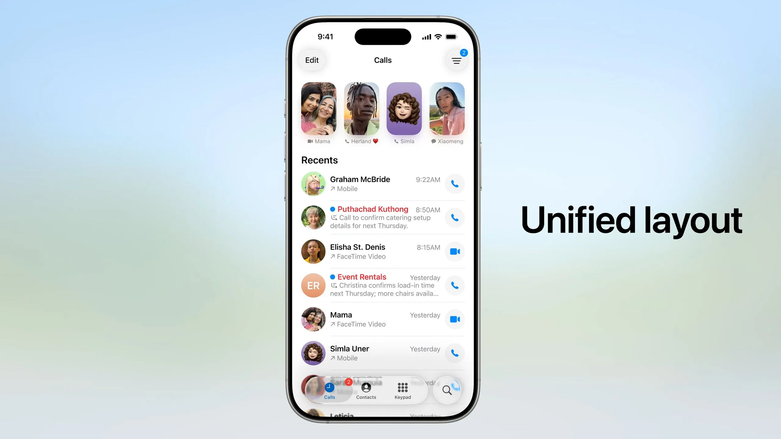 Giao diện mới của ứng dụng Điện thoại (Phone) trên iOS 26 với danh bạ ghim và cuộc gọi gần đây