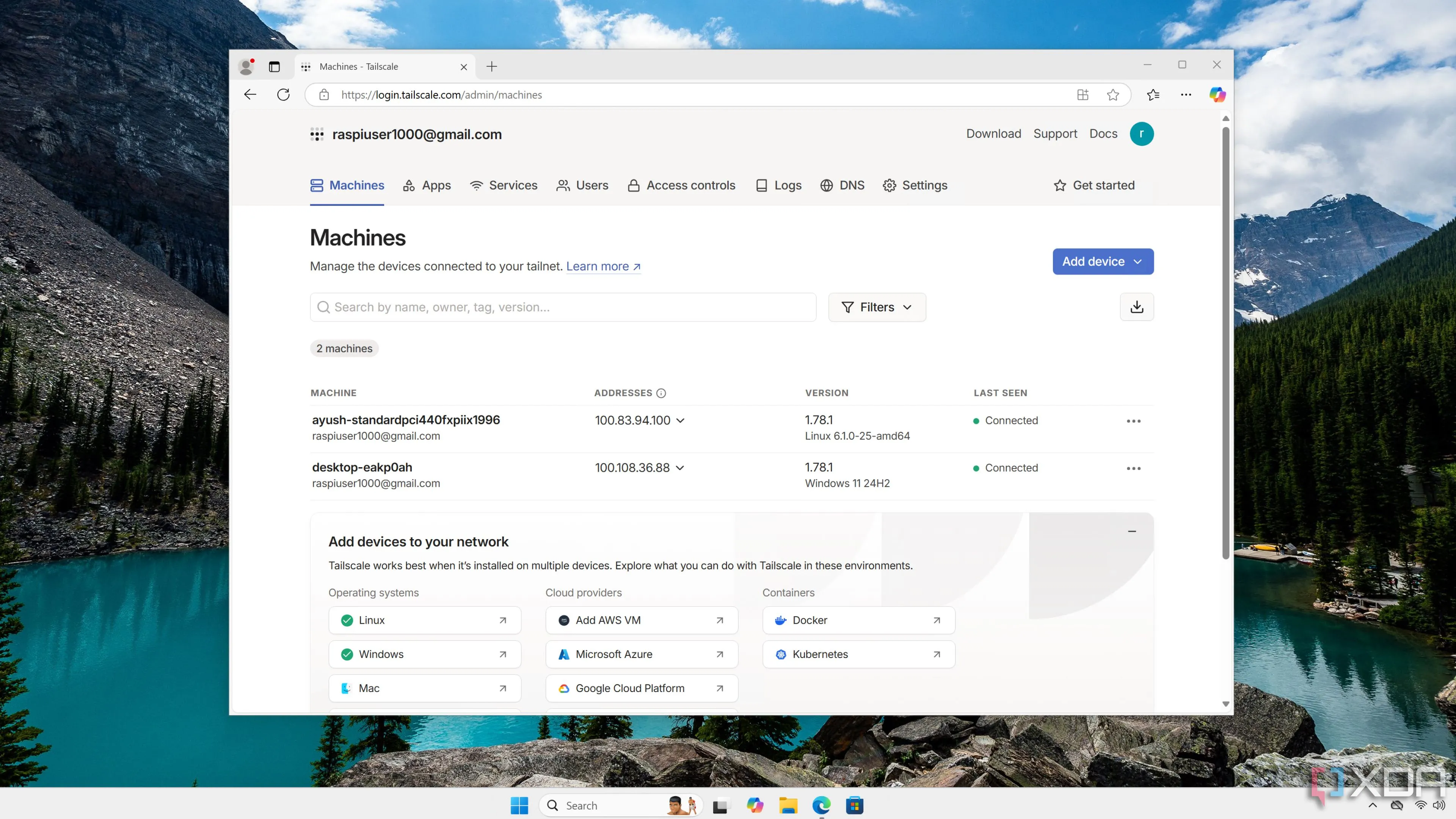 Giao diện người dùng web của Tailscale hiển thị danh sách các thiết bị và dịch vụ