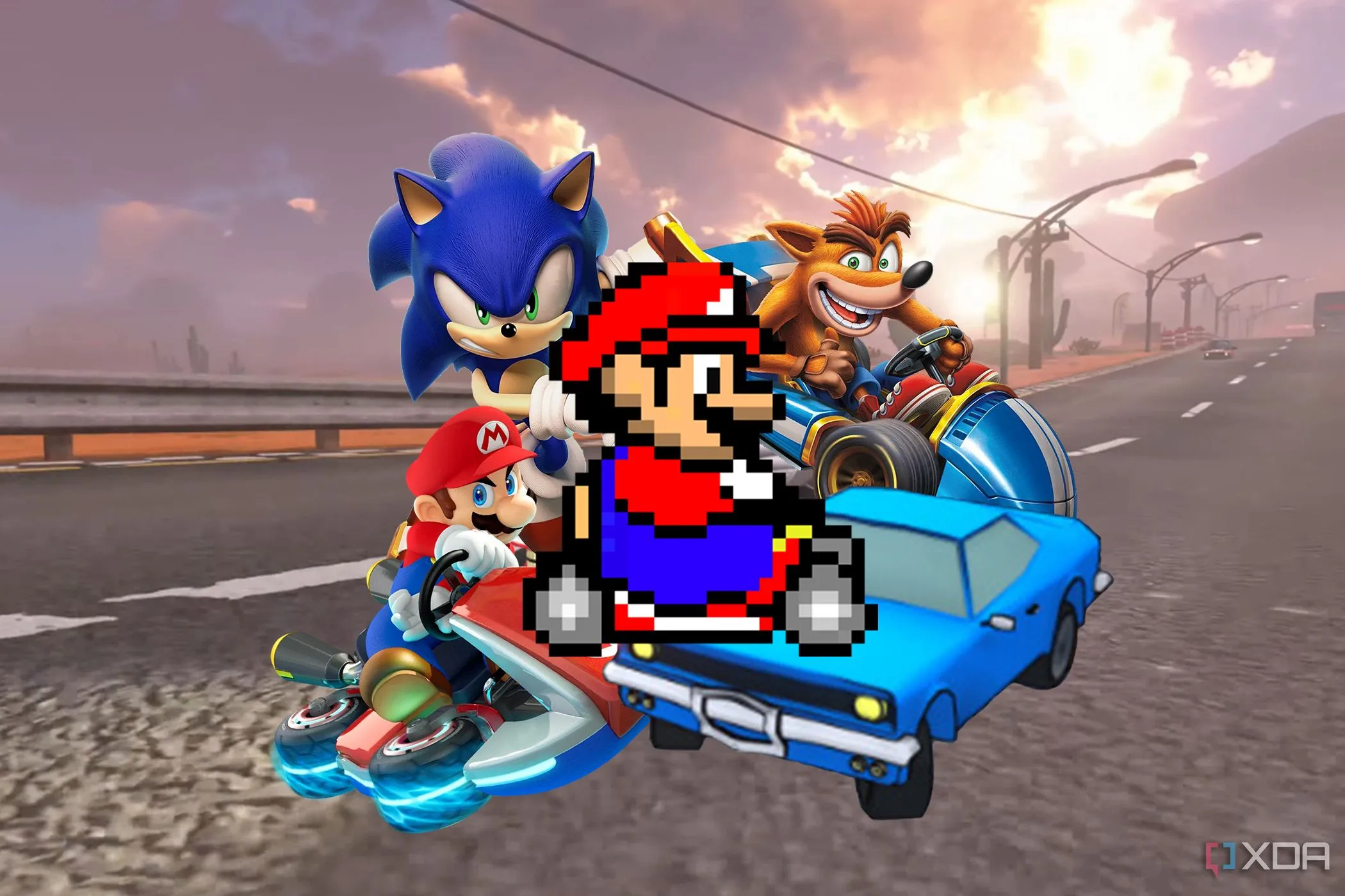 Hình ảnh tổng hợp các nhân vật game (Mario, Sonic, Crash) trên đường đua Mario Kart World