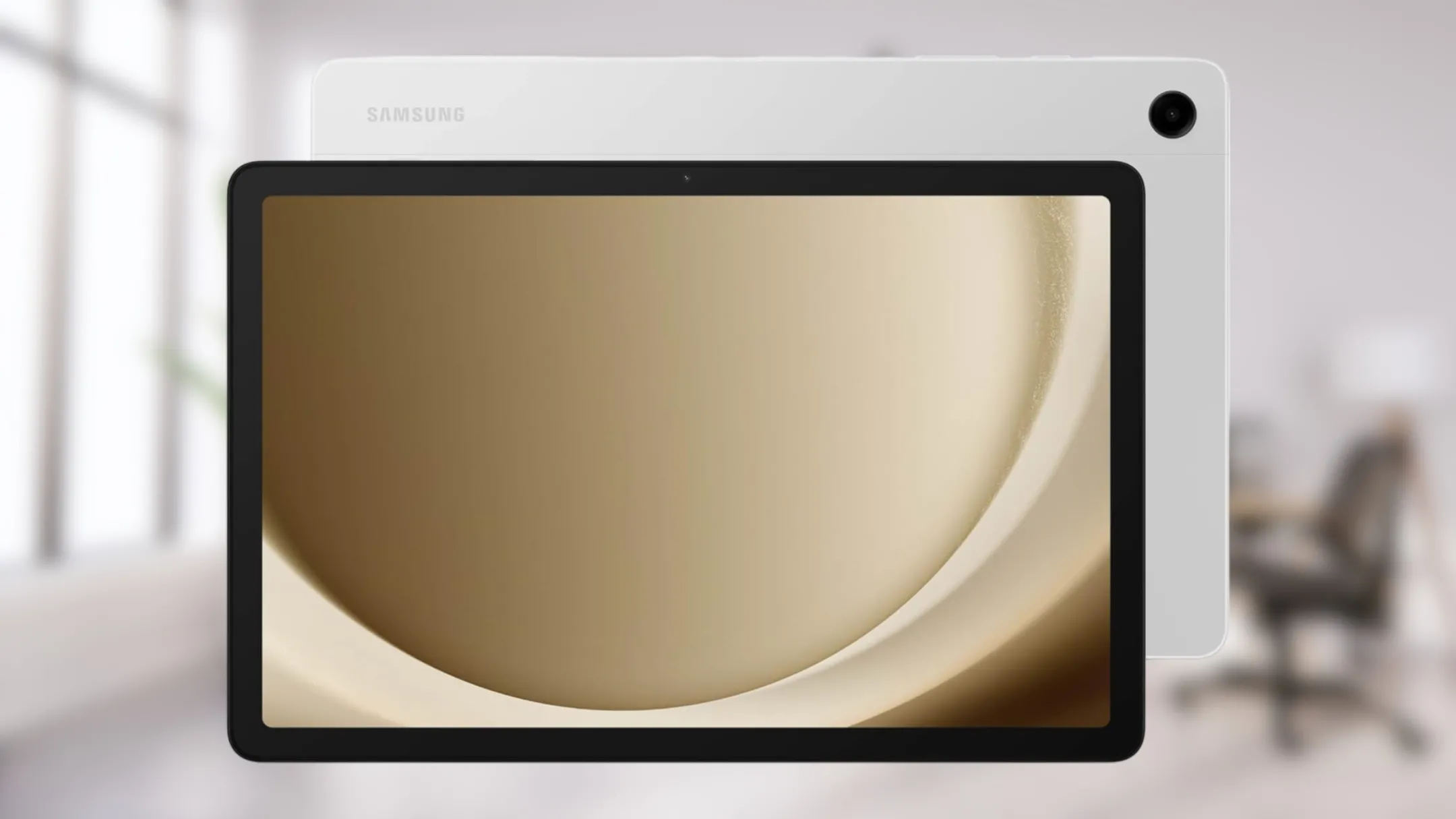 Mẫu máy tính bảng Samsung Galaxy Tab A9+ màu bạc đặt ngang trên nền trắng