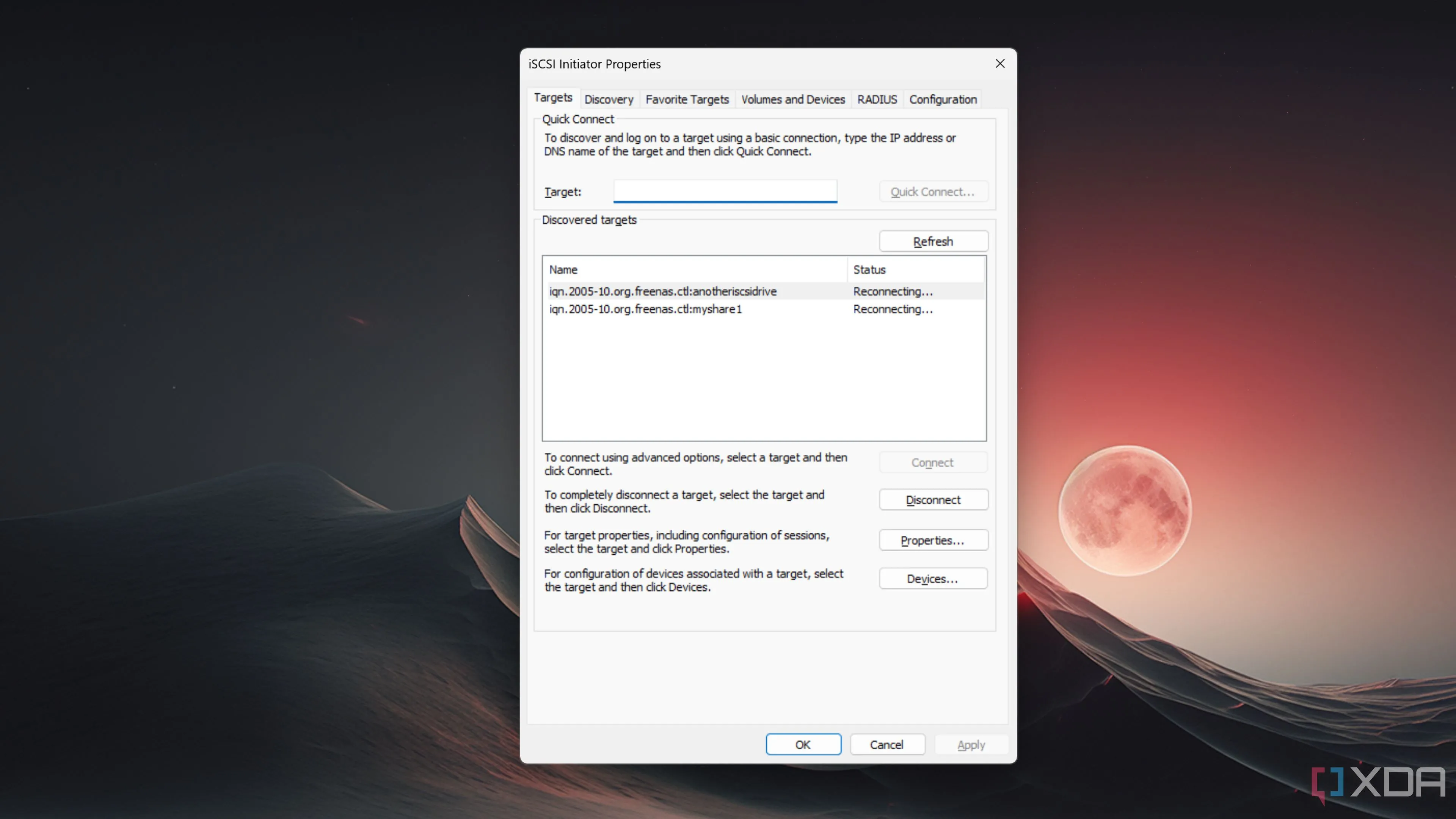 Minh họa giao diện công cụ iSCSI Initiator trên hệ điều hành Windows 11.