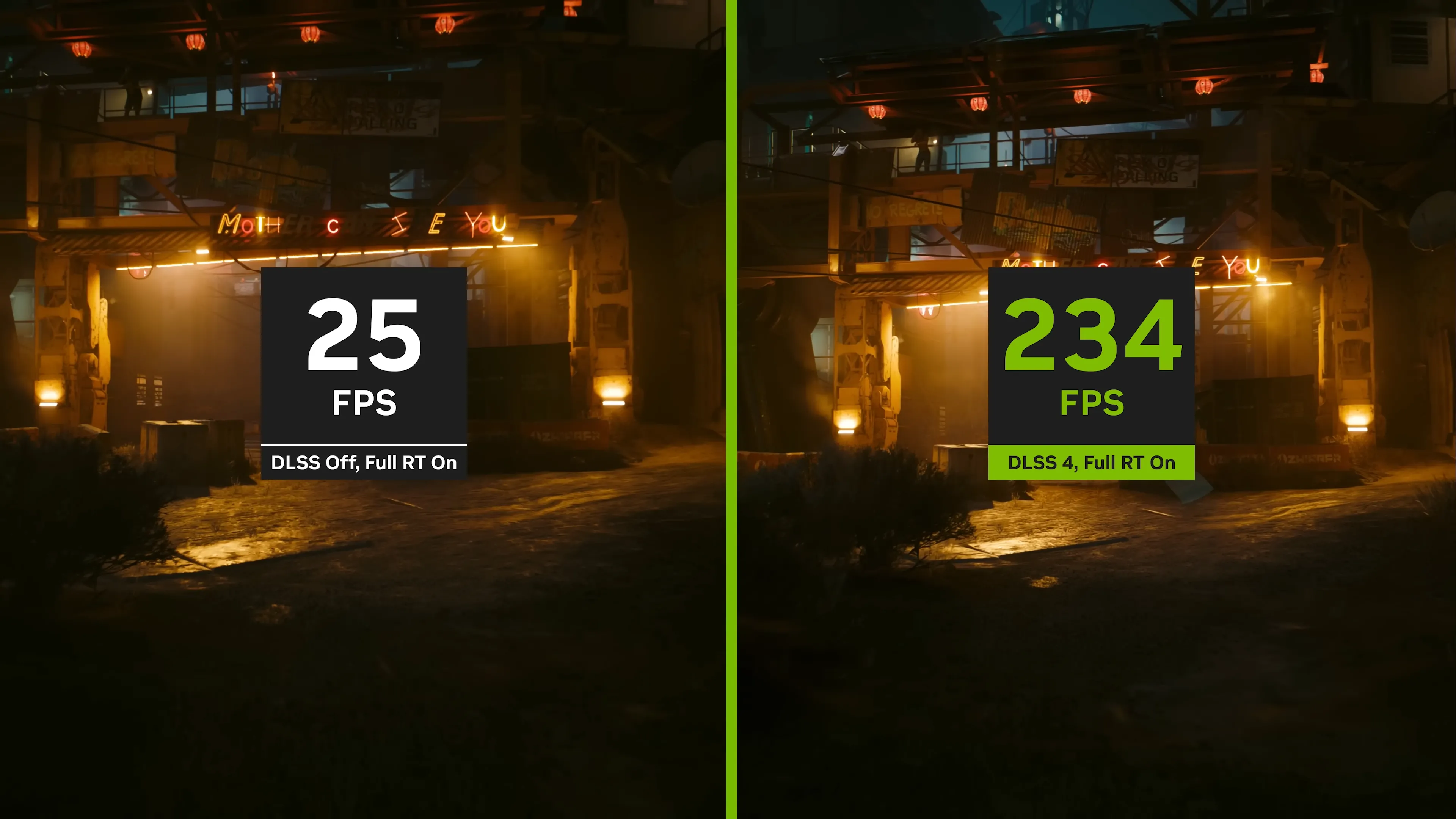 So sánh hình ảnh trong game khi bật và tắt công nghệ upscaling DLSS 4 của Nvidia, cho thấy vai trò của AI trong hiệu năng chơi game