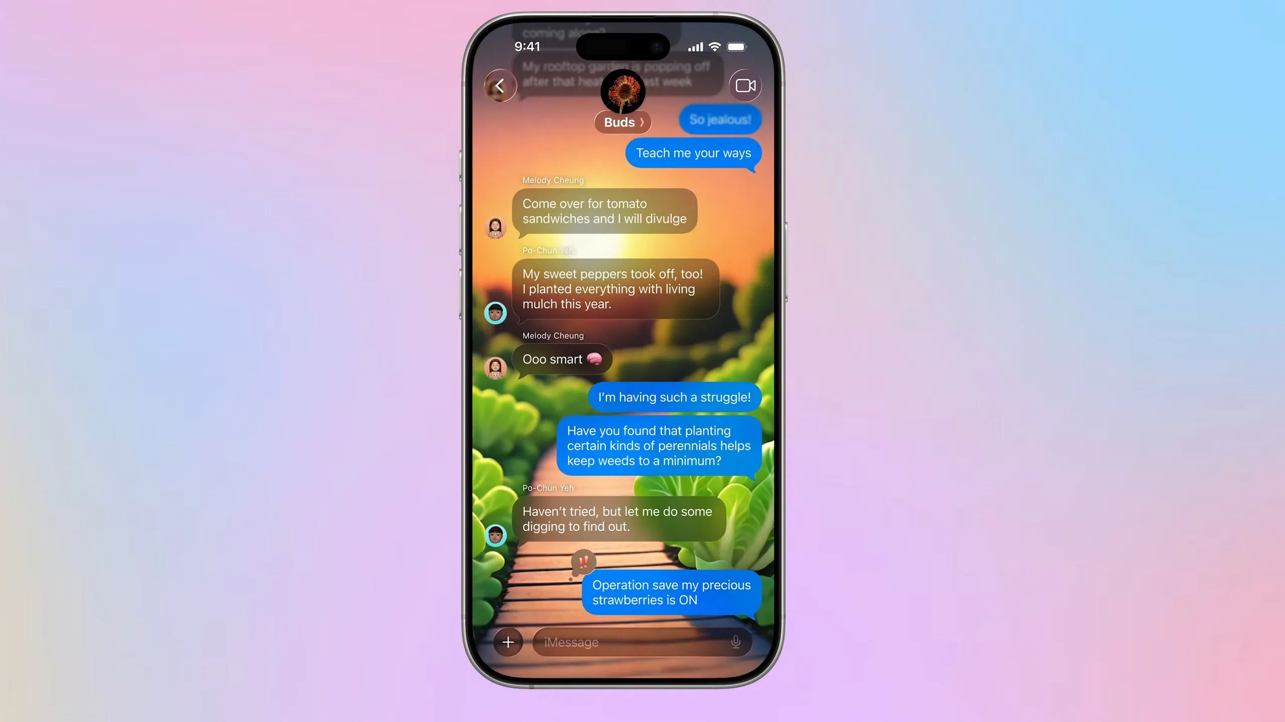 Ứng dụng Tin nhắn (Messages) trên iOS 26 với tính năng đặt hình nền cho cuộc trò chuyện nhóm