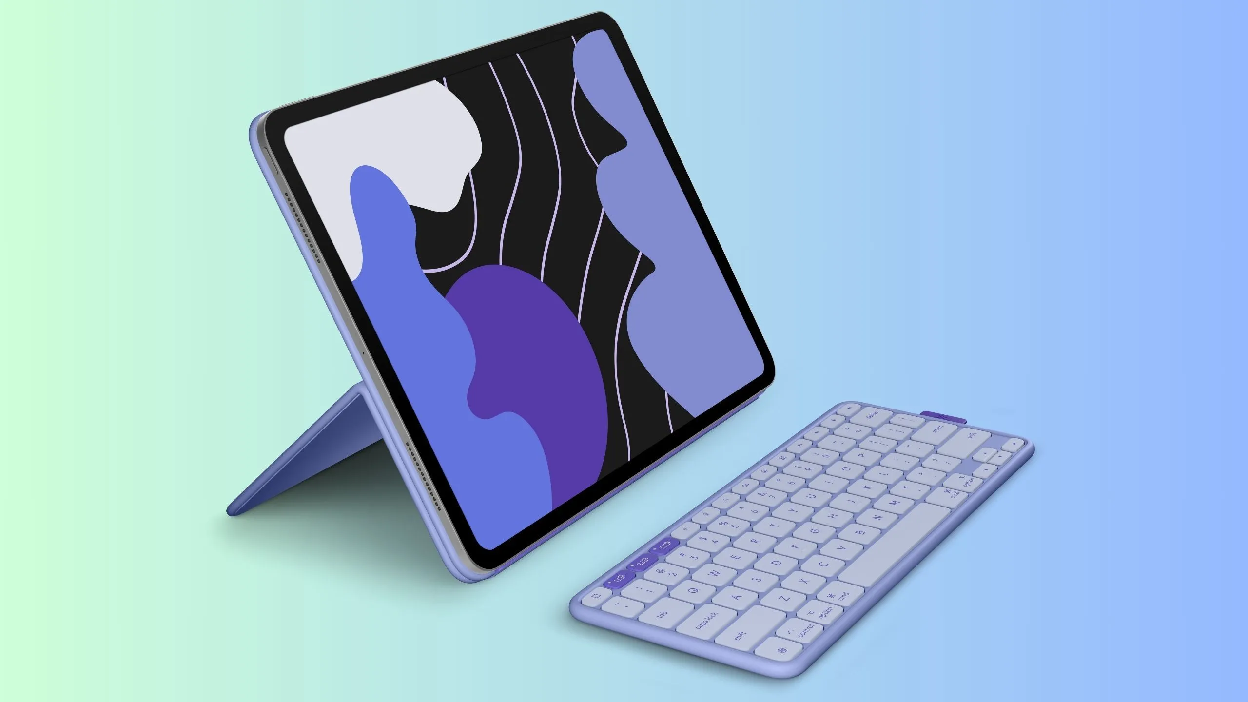 Bàn phím Logitech Flip Folio màu tím mộng mơ, làm nổi bật các tùy chọn màu sắc độc đáo của sản phẩm.