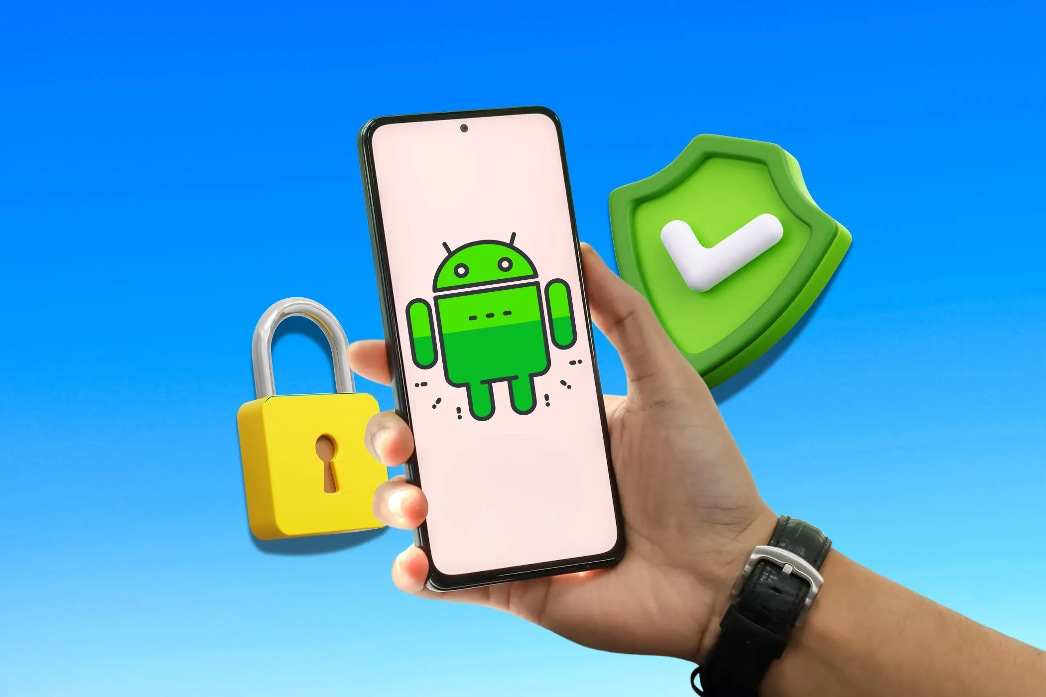 Bàn tay cầm điện thoại Android với biểu tượng khóa và an toàn dữ liệu trên màn hình