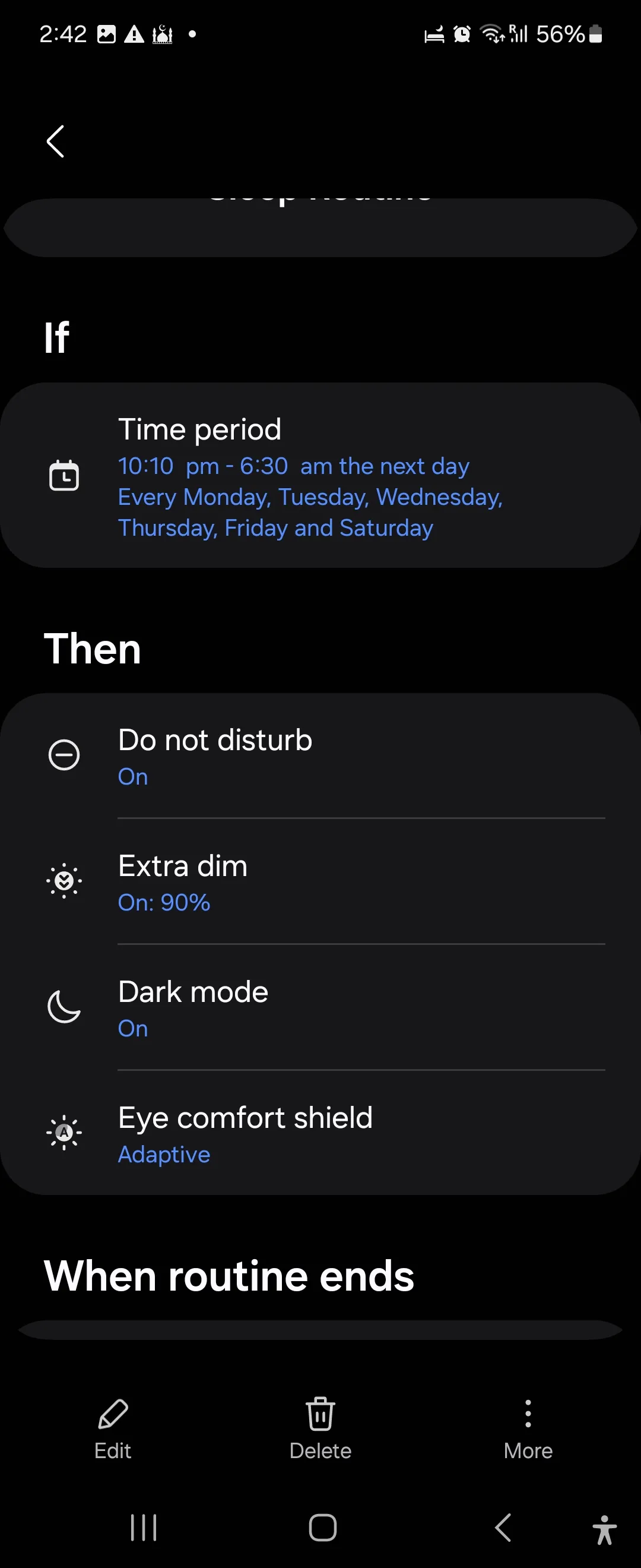 Các tùy chọn cài đặt như Extra Dim và Dark Mode để tối ưu hóa trải nghiệm giấc ngủ trong quy trình Samsung Modes and Routines
