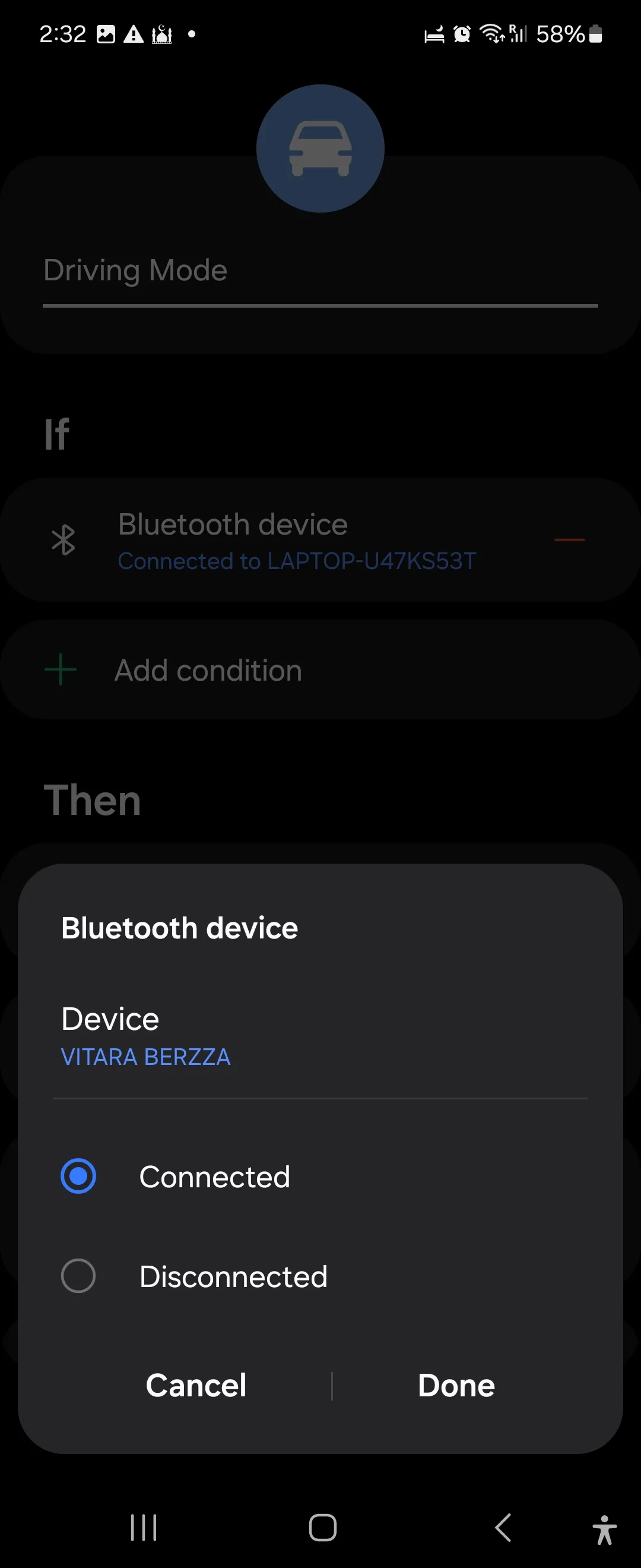 Cài đặt quy trình chế độ lái xe tự động kích hoạt khi kết nối Bluetooth trên điện thoại Samsung Galaxy