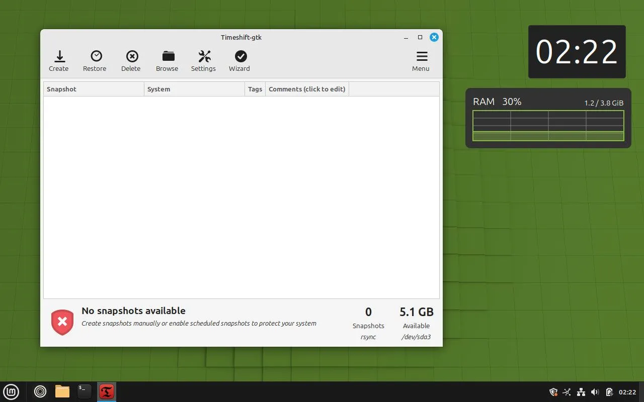 Công cụ Timeshift hiển thị các điểm khôi phục hệ thống trên Linux Mint