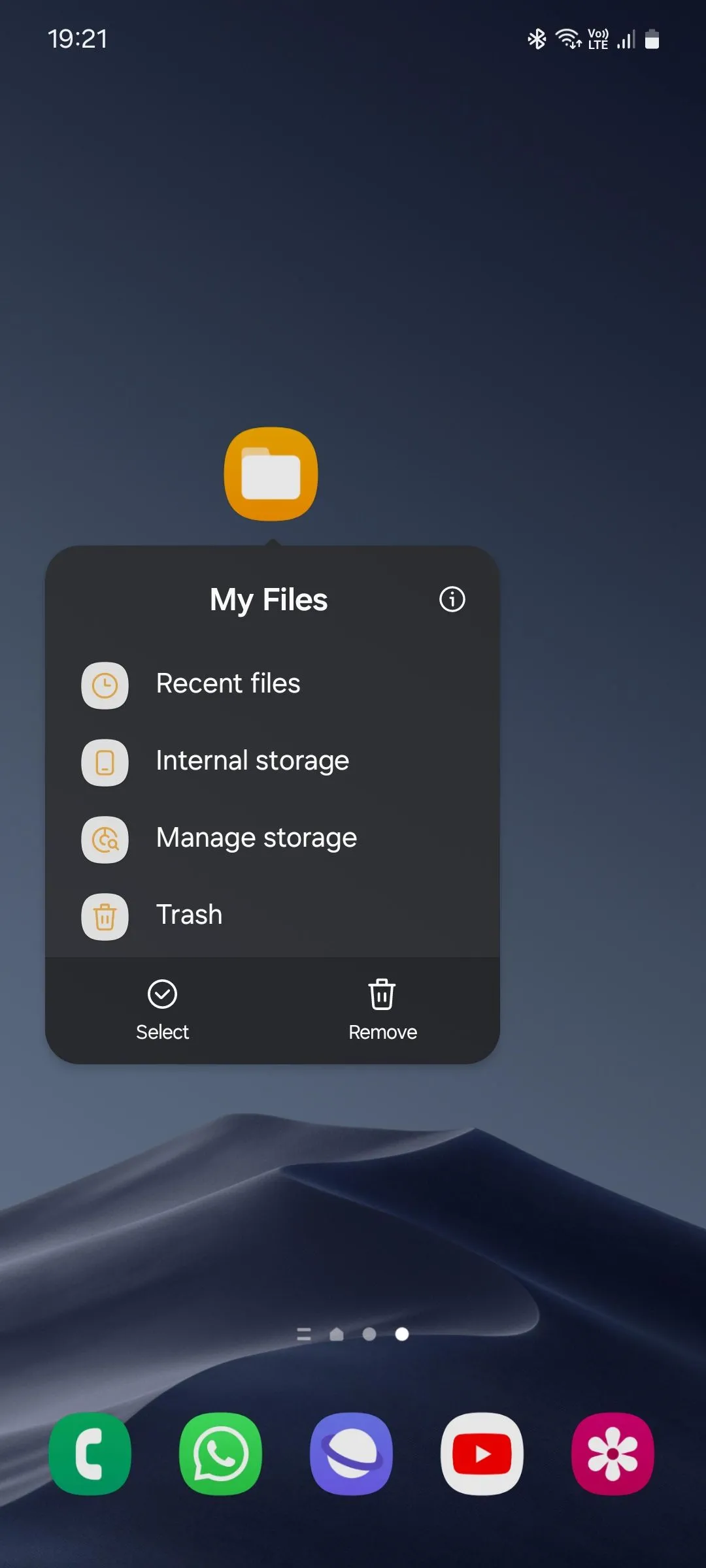 Danh sách phím tắt ứng dụng My Files của Samsung, với tùy chọn xem tệp gần đây