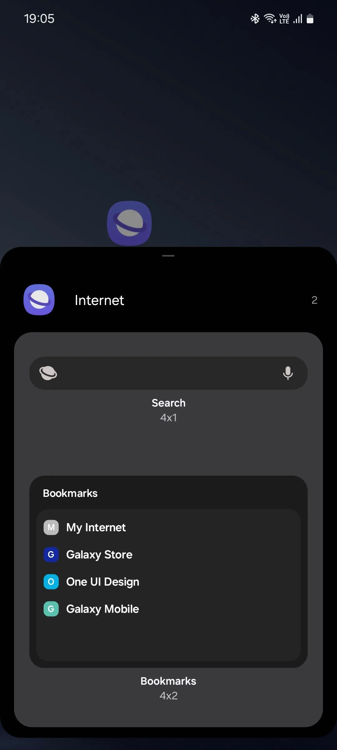 Danh sách widget trình duyệt Samsung Internet với tùy chọn tìm kiếm