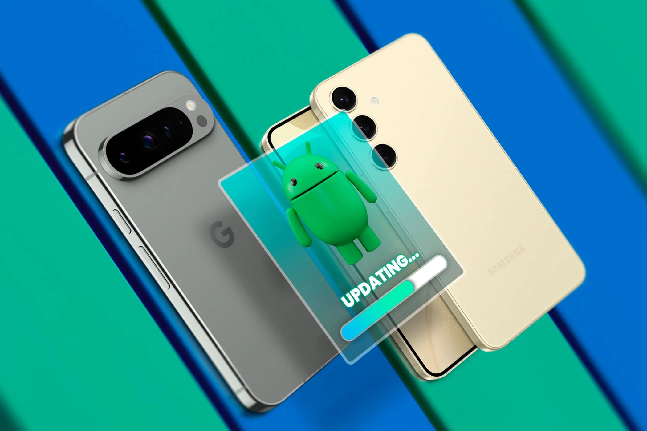 Điện thoại Google Pixel và Samsung Galaxy đặt cạnh nhau với biểu tượng cập nhật hệ điều hành Android
