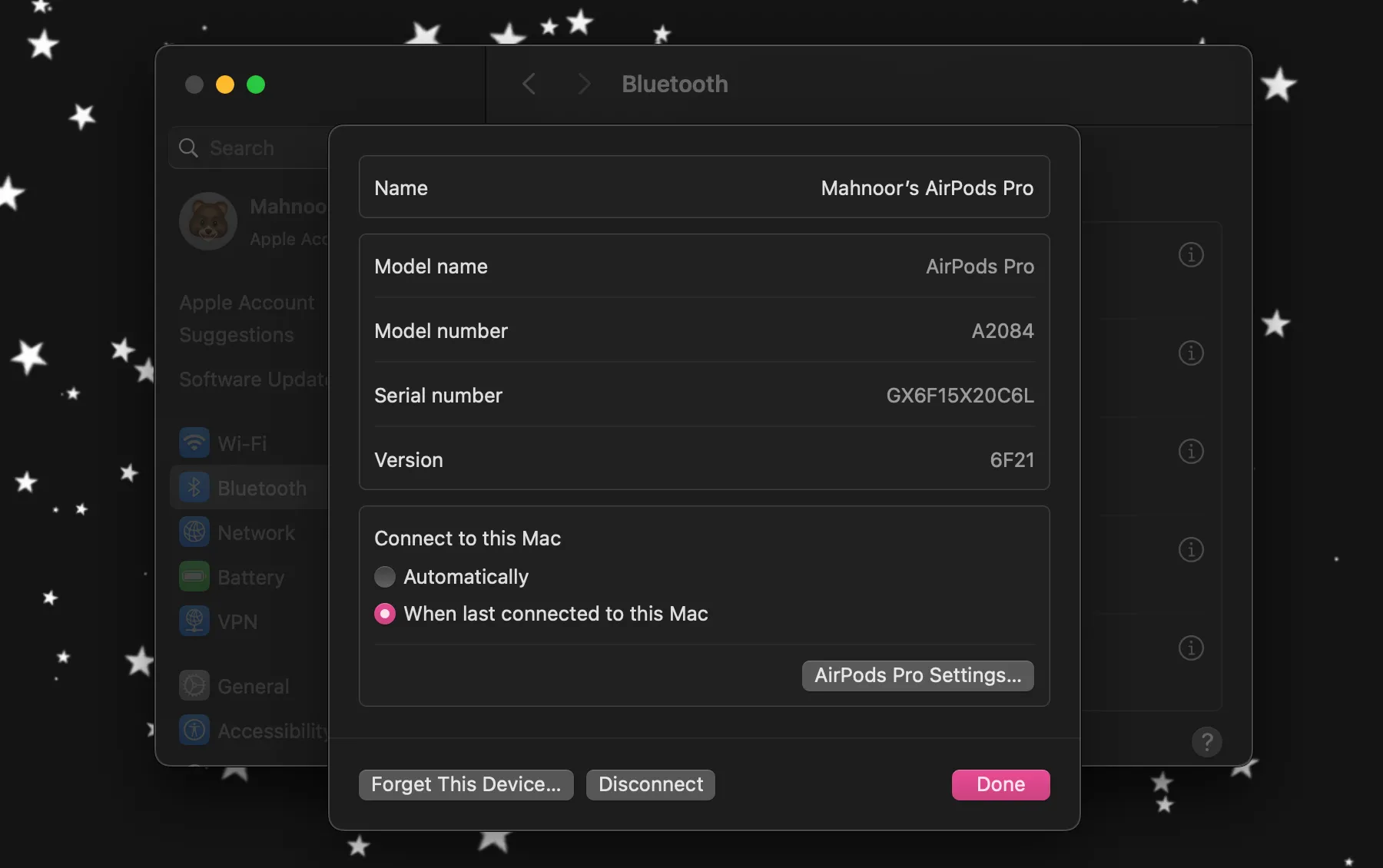 Giao diện cài đặt Bluetooth trên macOS, nơi người dùng có thể dễ dàng tìm thấy số kiểu máy và số serial của tai nghe AirPods đã ghép đôi
