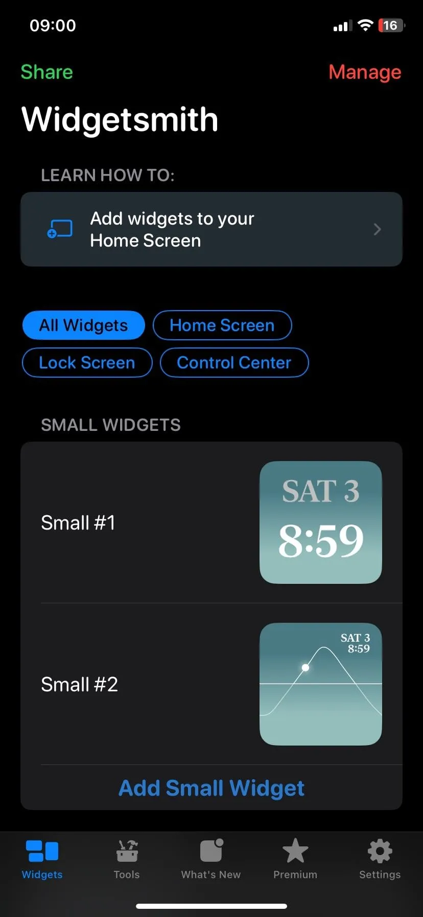 Giao diện chính ứng dụng Widgetsmith trên iPhone, giúp tùy chỉnh widget dễ dàng