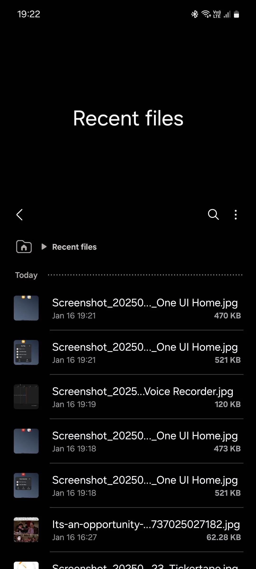 Giao diện hiển thị các tệp gần đây trong ứng dụng My Files của Samsung