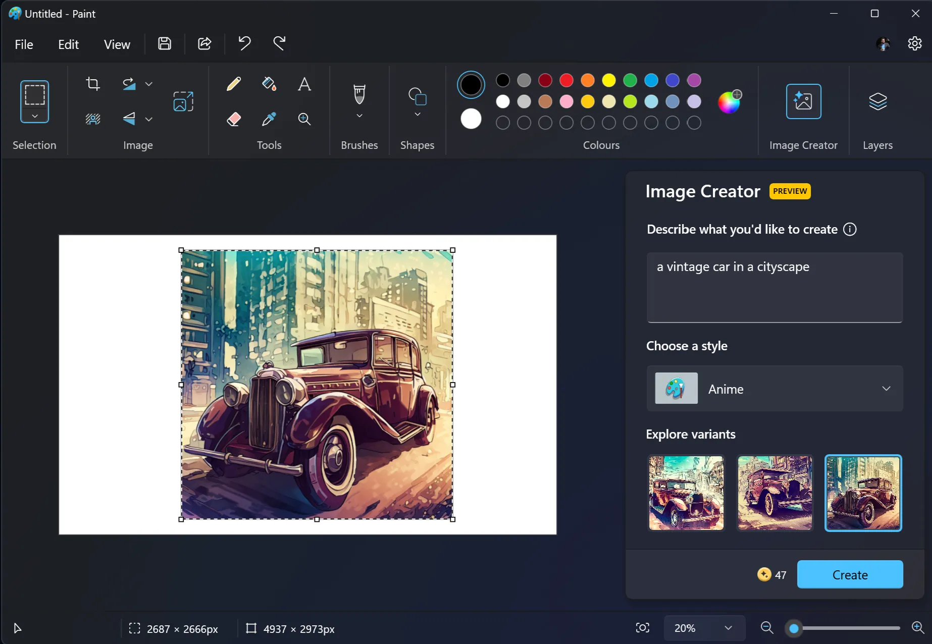 Giao diện Image Creator tích hợp trong Microsoft Paint trên Windows 11, hiển thị khả năng tạo hình ảnh từ mô tả văn bản.