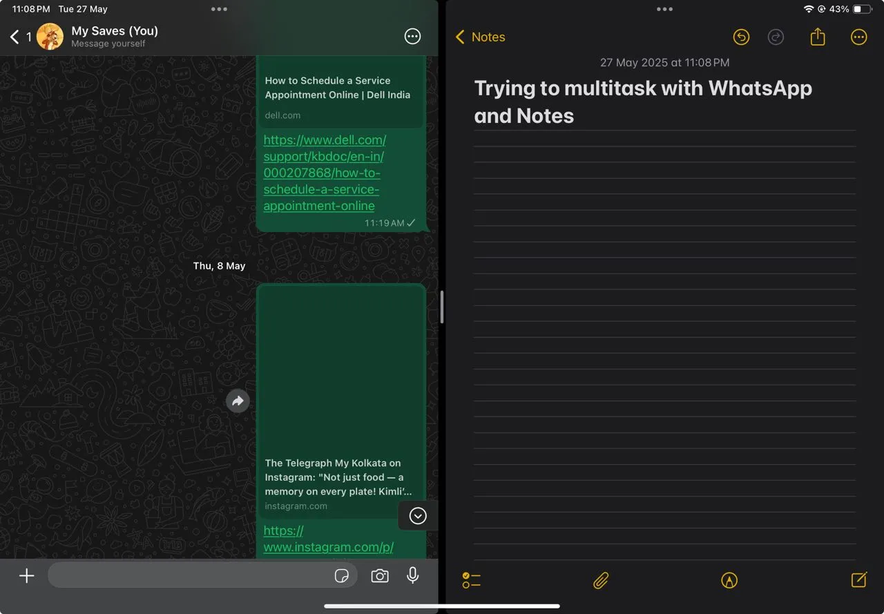 Giao diện ứng dụng WhatsApp trên iPad hiển thị chế độ đa nhiệm Split View, tối ưu hóa năng suất