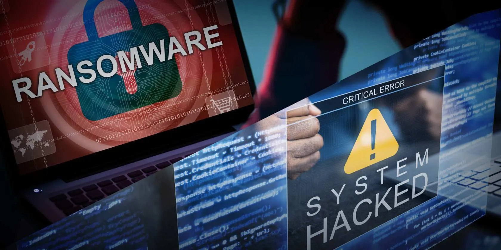 Hình ảnh so sánh tấn công hệ thống và mã độc ransomware, thể hiện rủi ro mạng nghiêm trọng trên dark web.
