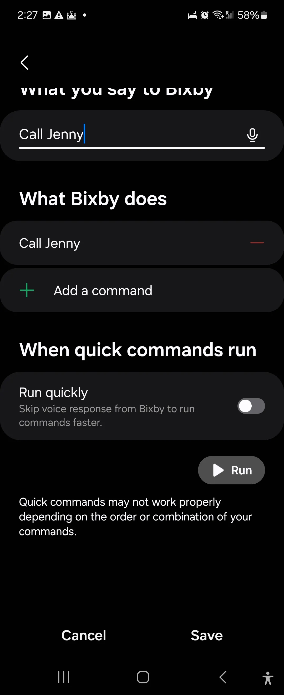 Hướng dẫn tạo lệnh nhanh mới trong Bixby để tự động gọi điện khi đến nơi làm việc trên Samsung Galaxy