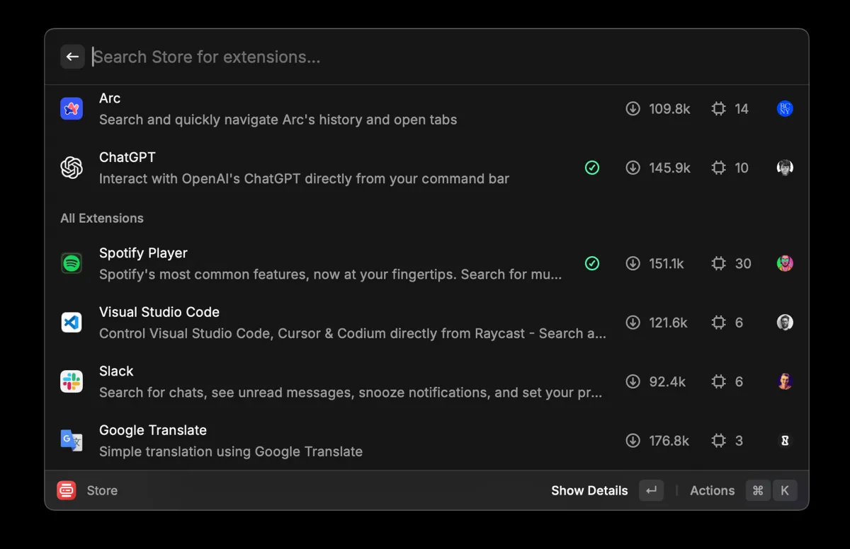 Kho tiện ích mở rộng (Extensions Store) của Raycast với các công cụ như Asana và Trello.