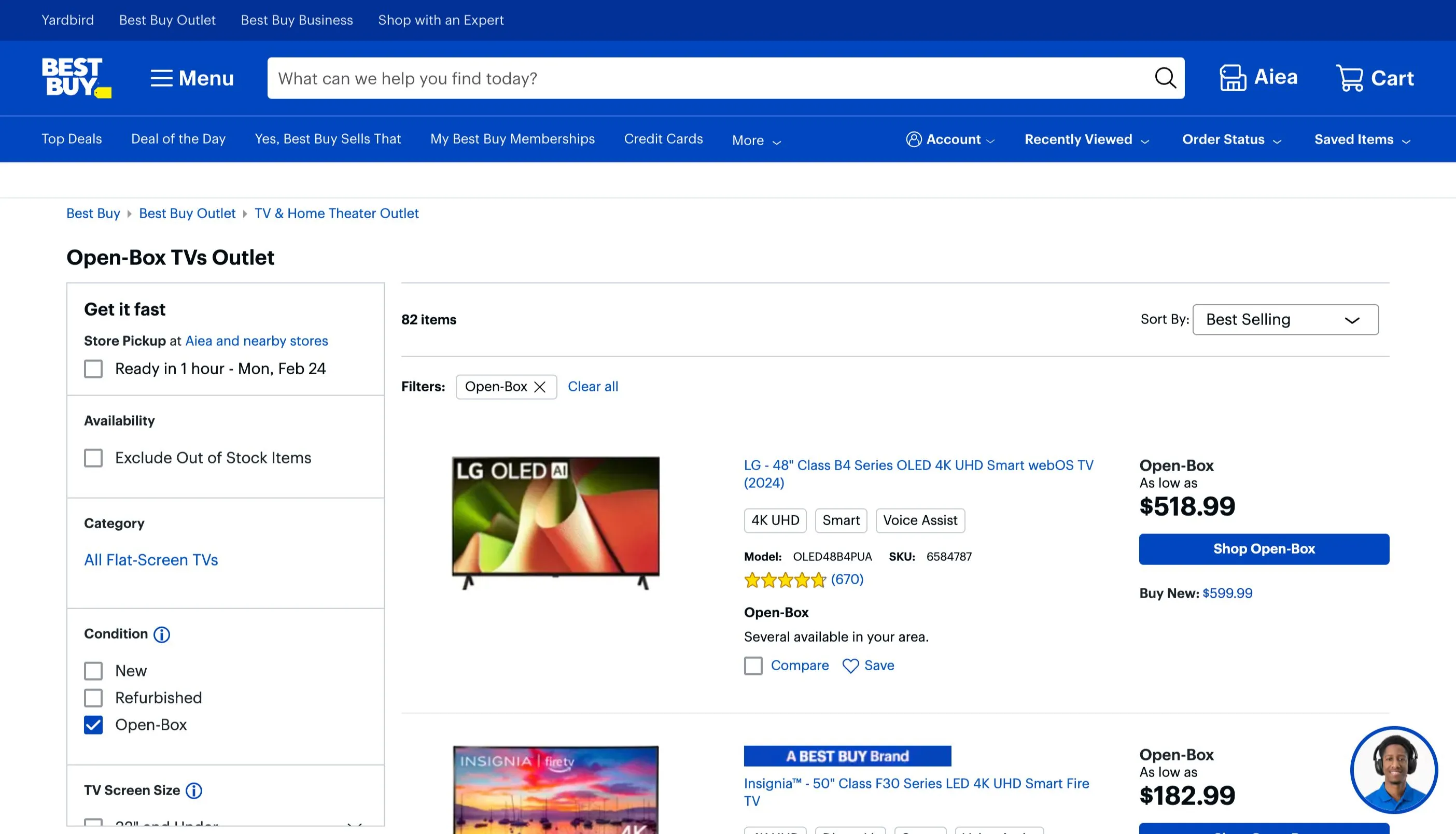 Khu vực trưng bày TV mở hộp (Open-box) đang giảm giá tại Best Buy, thể hiện cơ hội mua sắm tiết kiệm.