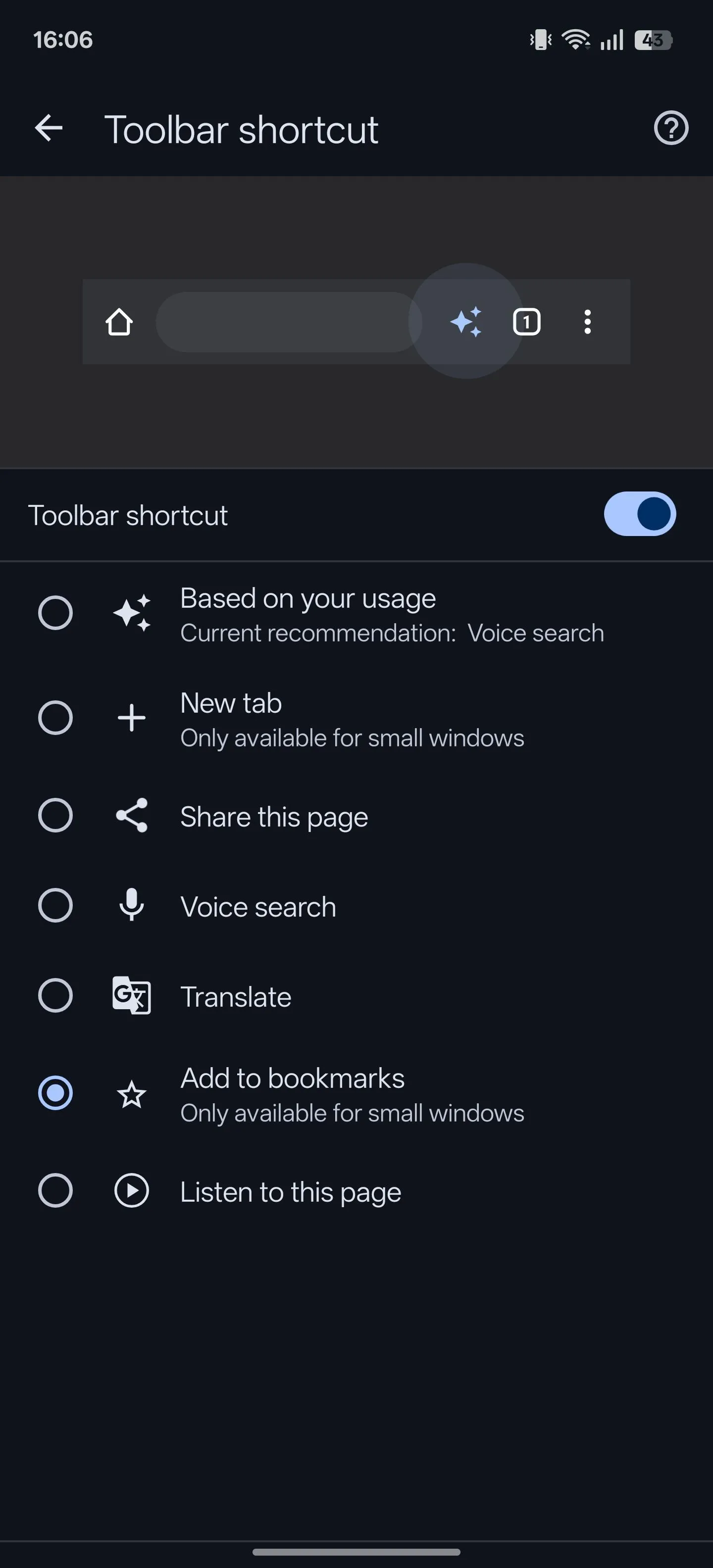 Kích hoạt tính năng lối tắt thanh công cụ và chọn &quot;Add to bookmarks&quot; trong Chrome Android