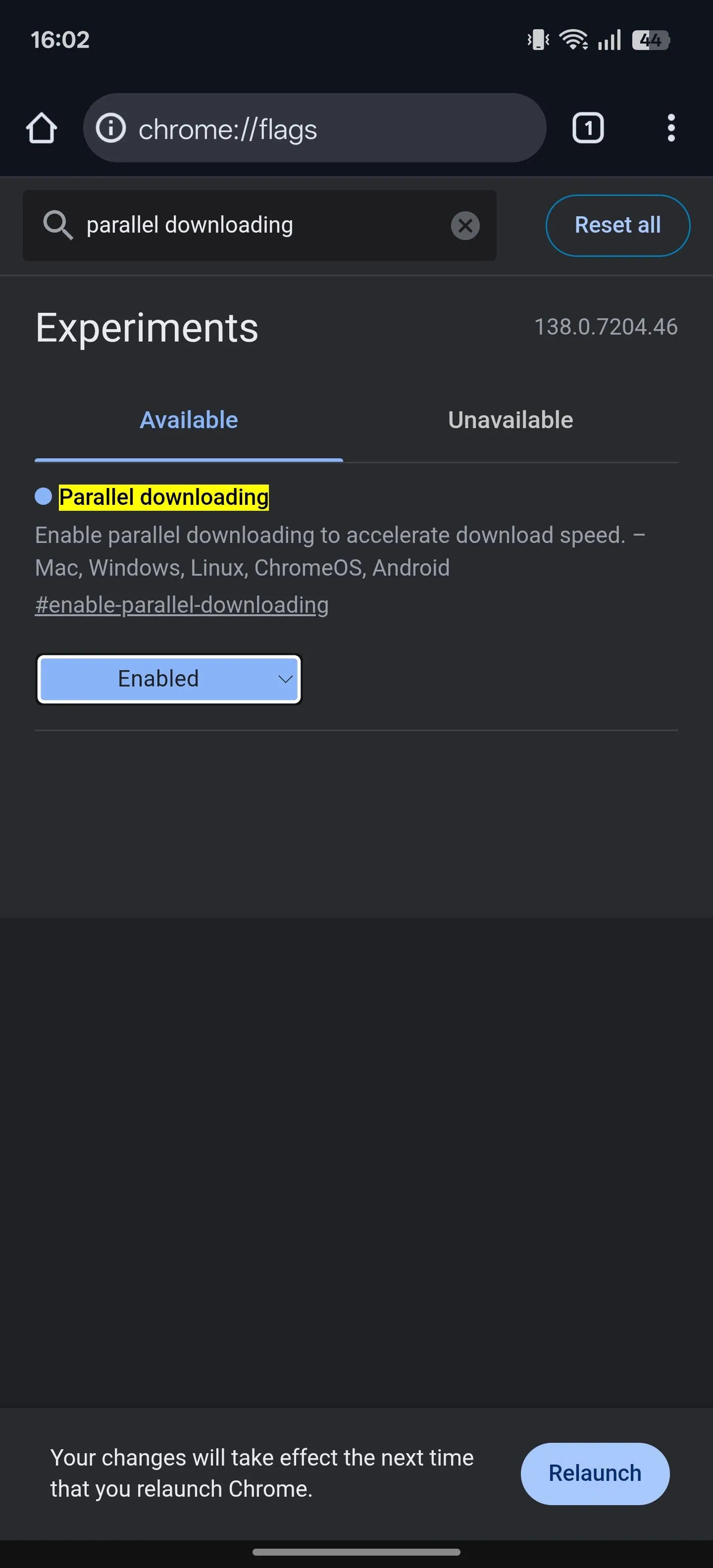 Kích hoạt tùy chọn Enabled cho một Chrome Flag trên Android