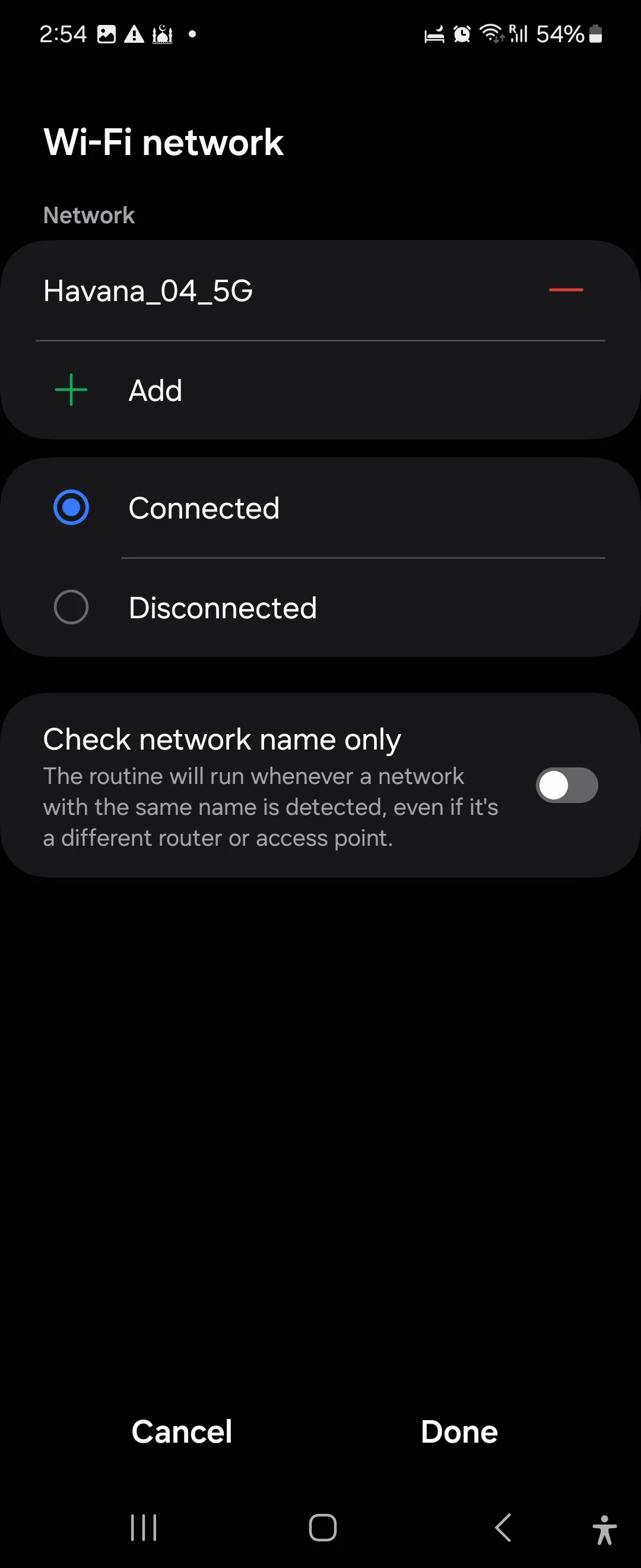 Lựa chọn mạng Wi-Fi làm điều kiện kích hoạt để tự động đổi màn hình khóa trong Chế độ và Quy trình Samsung
