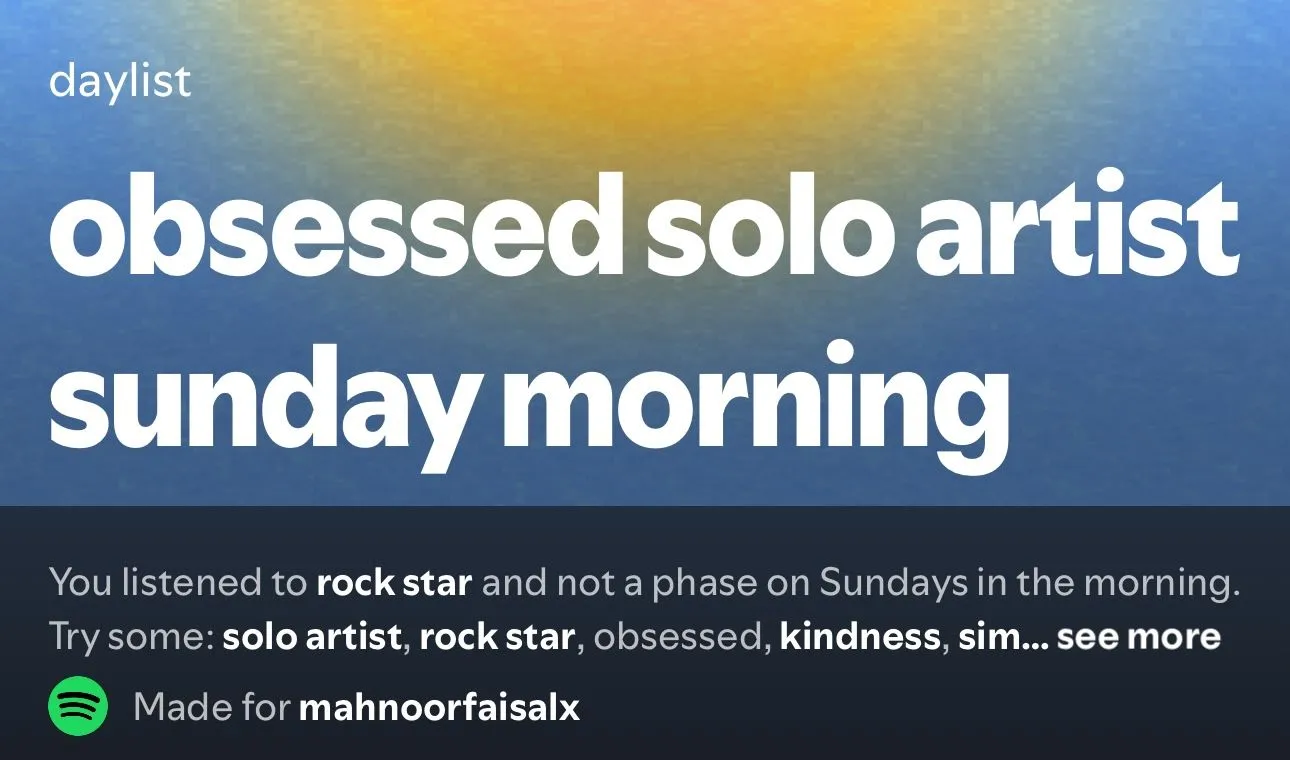 Màn hình Daylist Spotify với tiêu đề 'nghệ sĩ độc lập ám ảnh sáng Chủ Nhật'