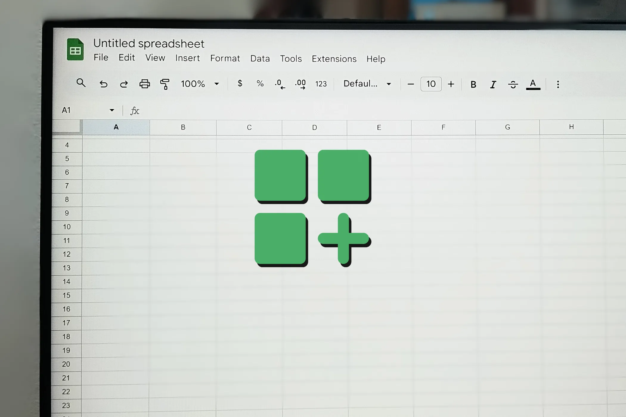 Màn hình hiển thị Google Sheets với biểu tượng tiện ích bổ sung