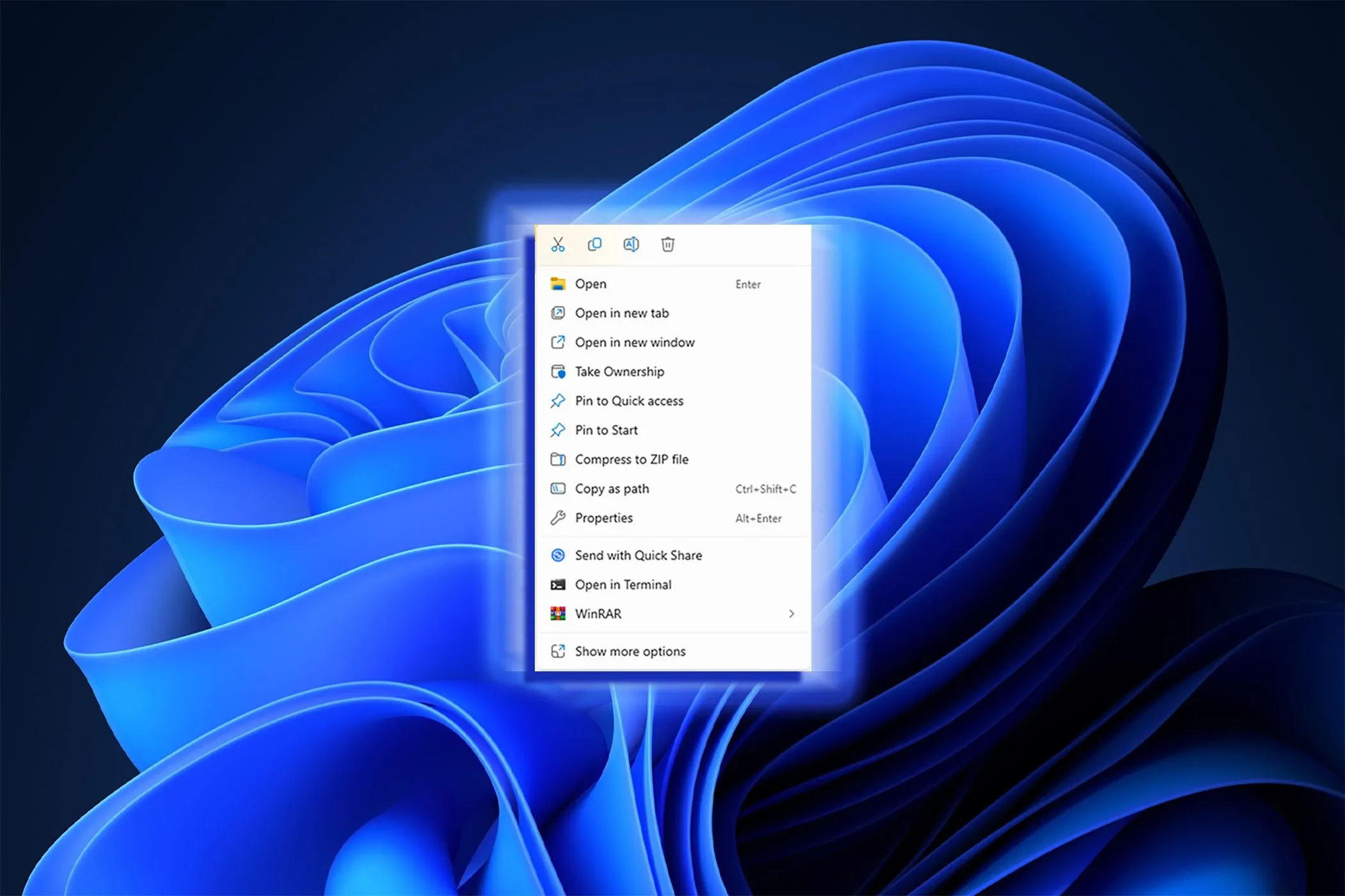 Màn hình nền màu xanh mặc định của Windows 11 với menu chuột phải ngữ cảnh
