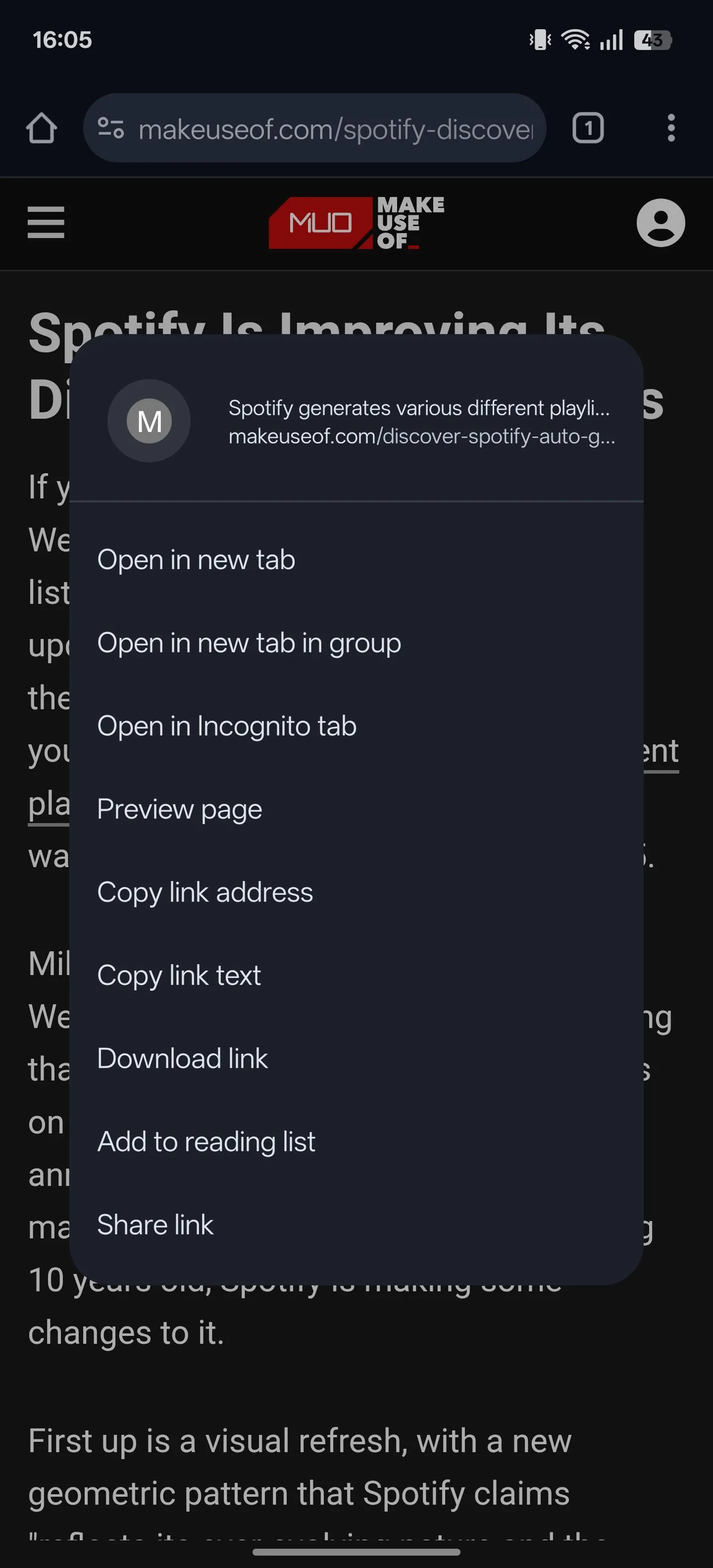Menu ngữ cảnh với tùy chọn &quot;Preview page&quot; khi nhấn giữ liên kết trên Chrome Android