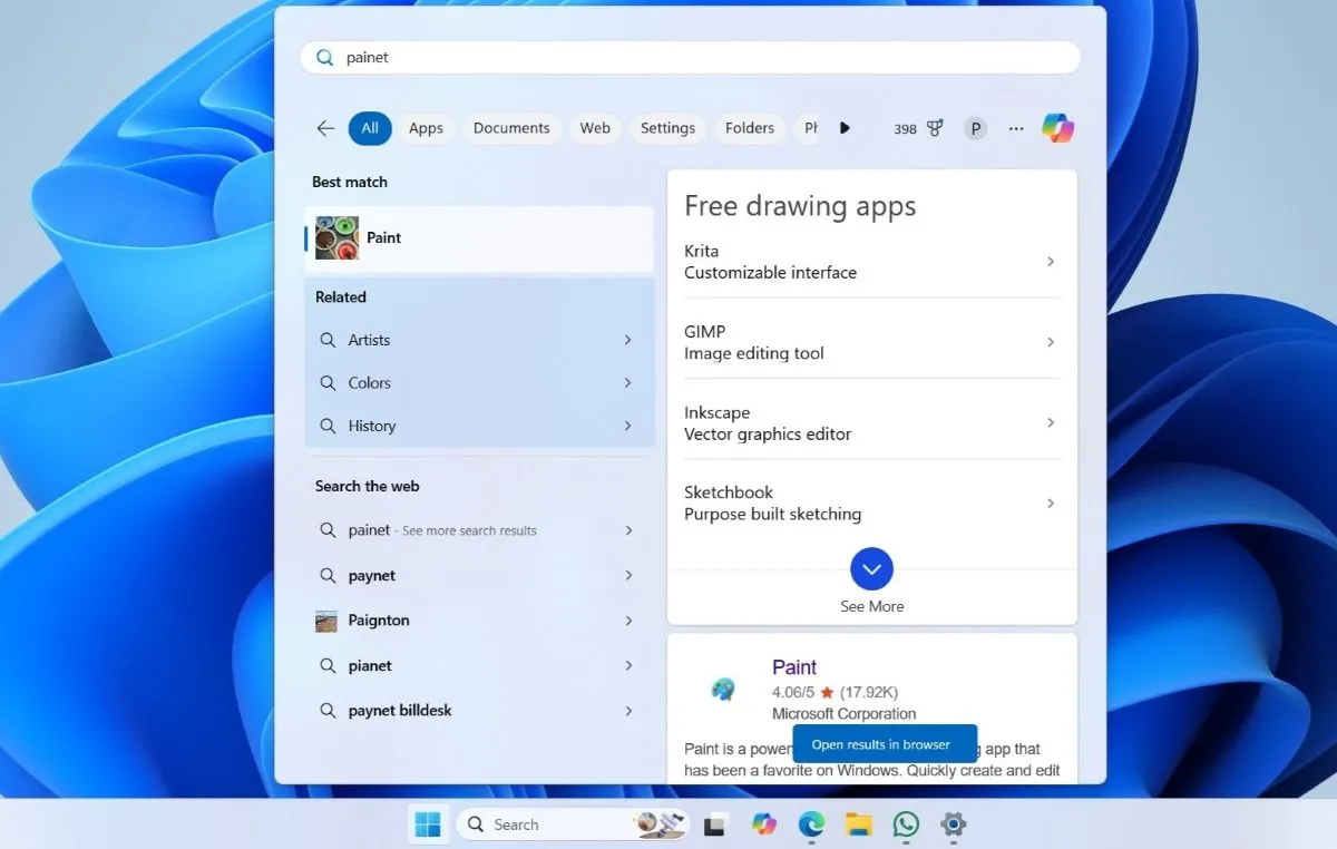 Menu Start Windows 11 hiển thị kết quả tìm kiếm kết hợp với web