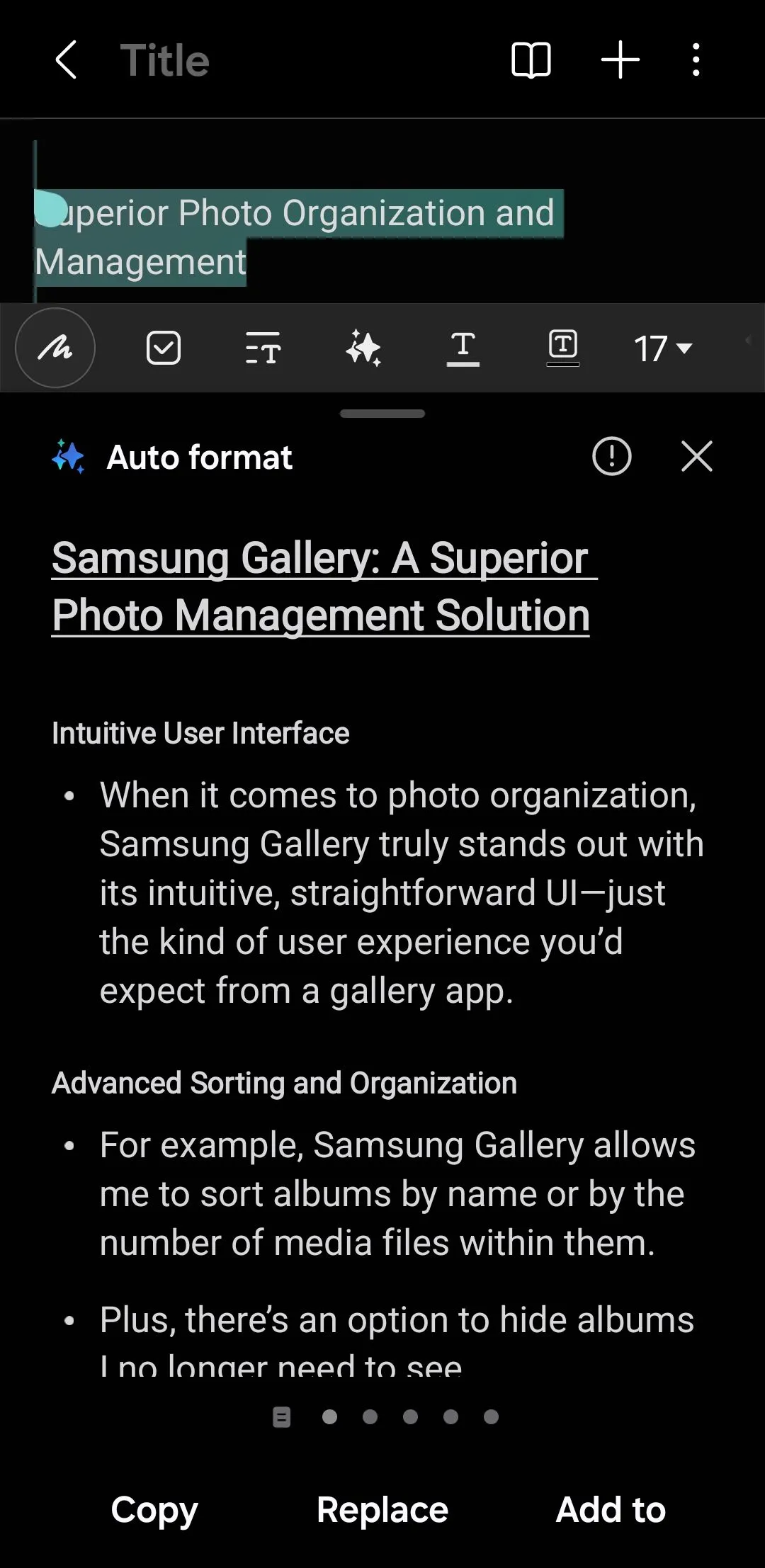 Menu tự động định dạng ghi chú trong ứng dụng Samsung Notes với Galaxy AI
