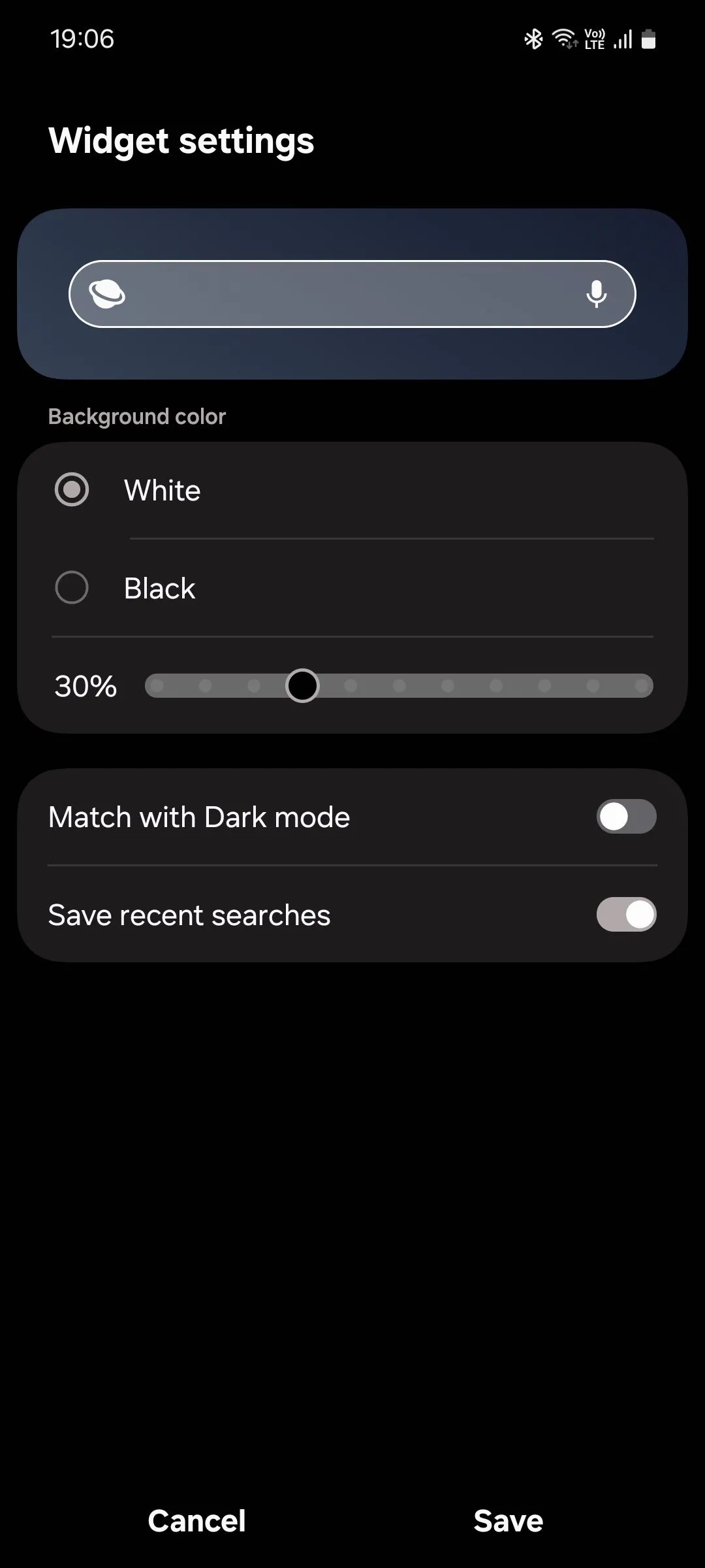 Menu tùy chỉnh widget tìm kiếm của Samsung Internet cho phép thay đổi giao diện