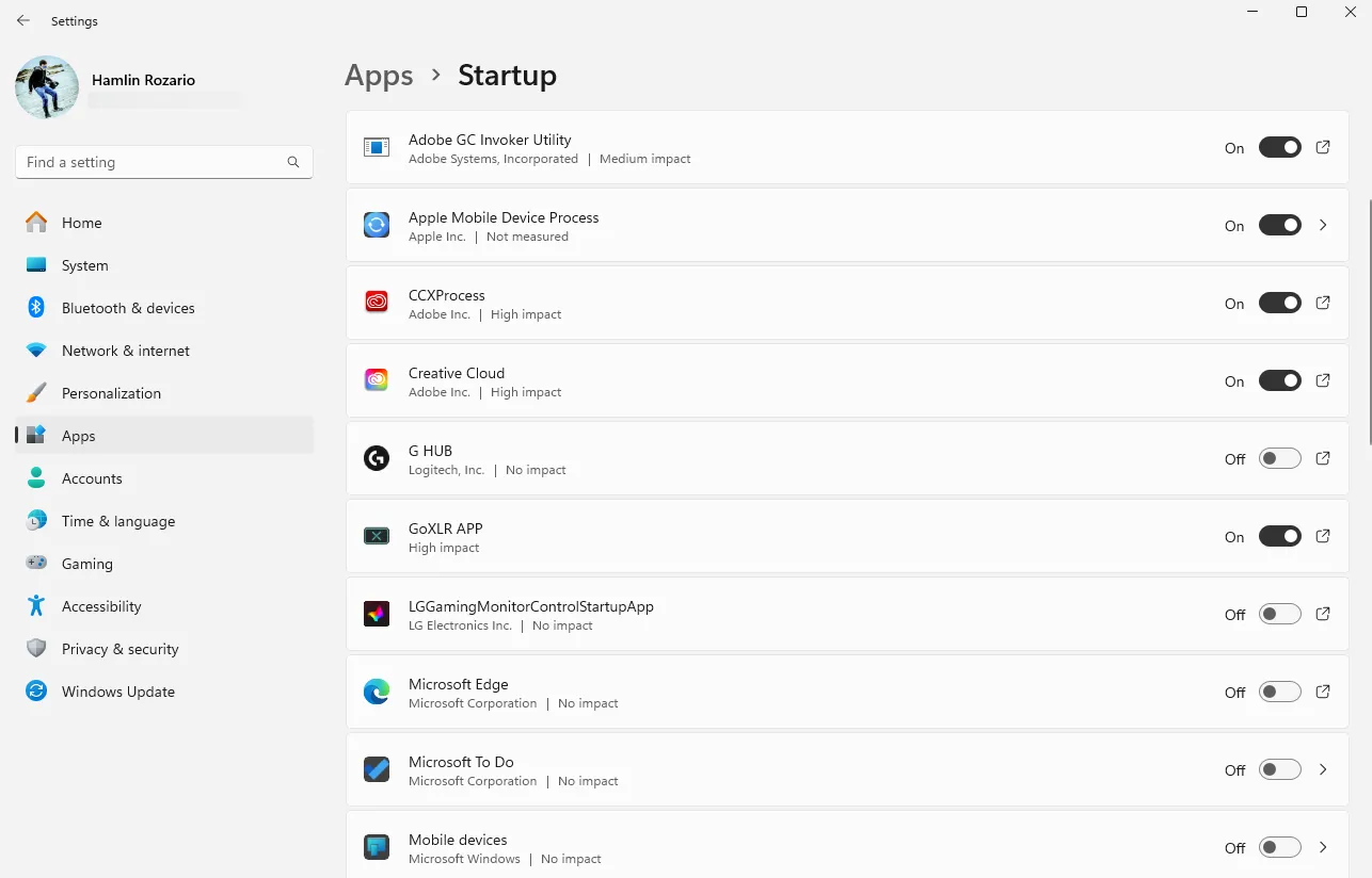 Menu Ứng dụng khởi động (Startup Apps) trong Cài đặt Windows 11