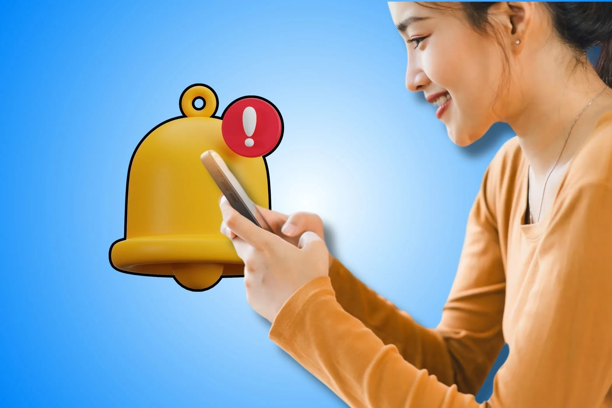 Một người phụ nữ tập trung kiểm tra điện thoại, biểu tượng chuông thông báo mờ ảo phía sau, minh họa sự yên bình khi thông báo được quản lý hiệu quả.