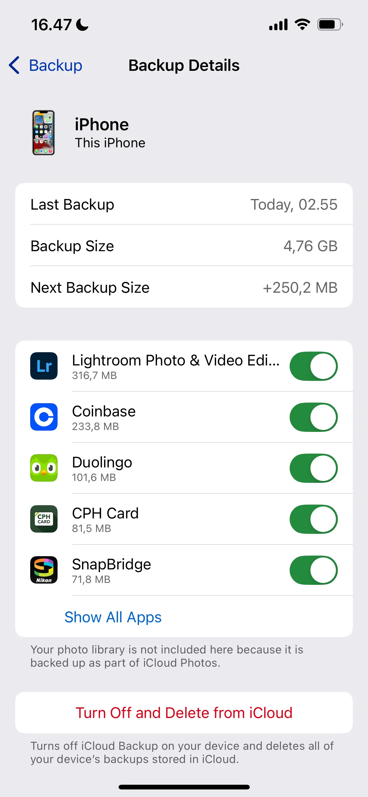 Quản lý chi tiết sao lưu ứng dụng trong iCloud