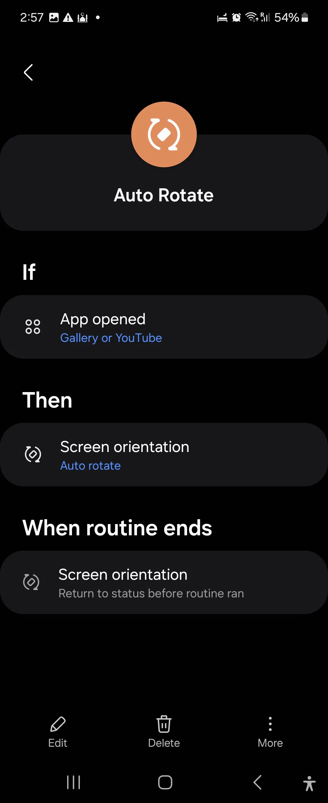Quy trình tự động xoay màn hình cho các ứng dụng như Thư viện và YouTube trên Samsung Modes and Routines