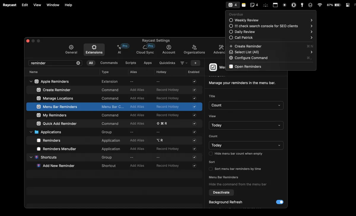 Thiết lập tiện ích Reminders của Apple trong Raycast để hiển thị trên thanh Menu Bar.