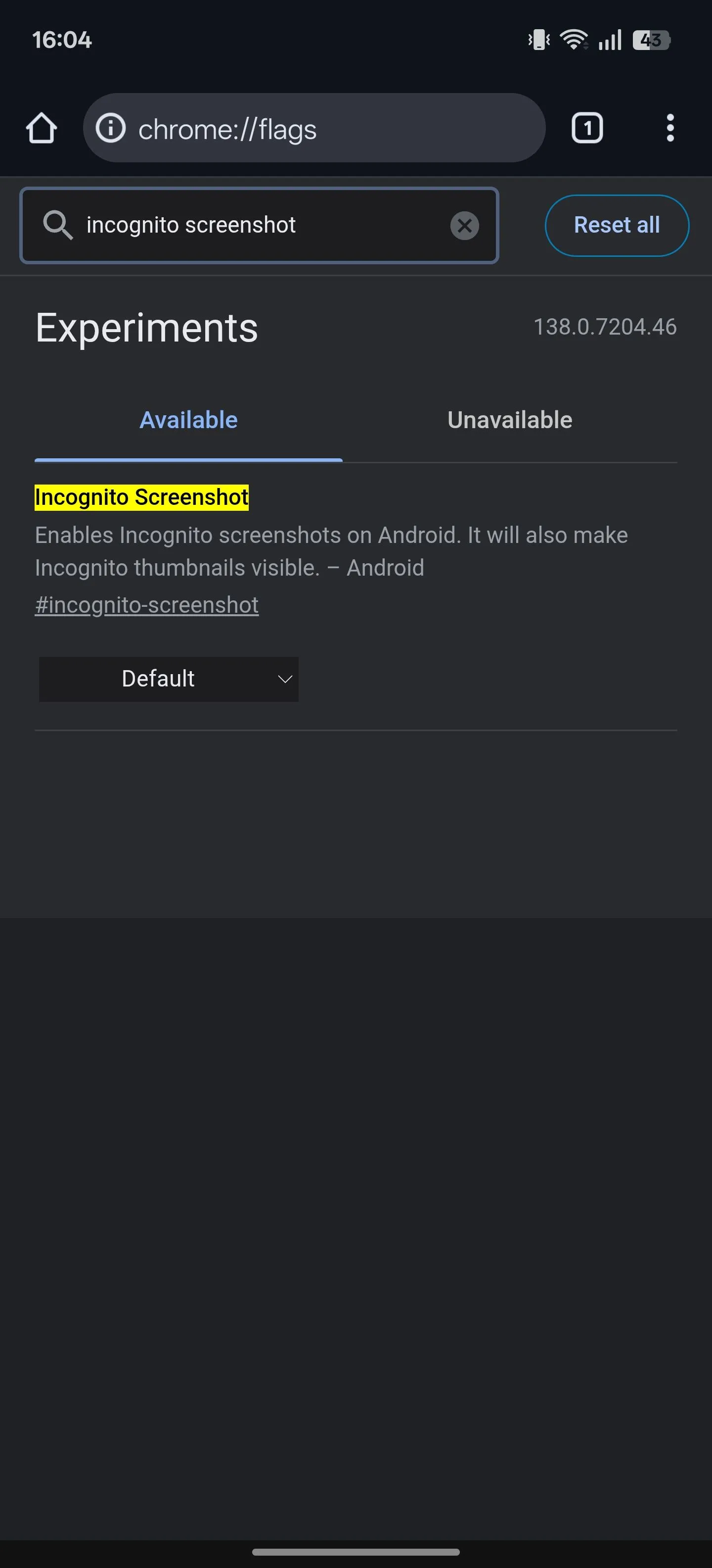 Tìm kiếm và bật cờ &quot;Incognito Screenshot&quot; trong Chrome Flags