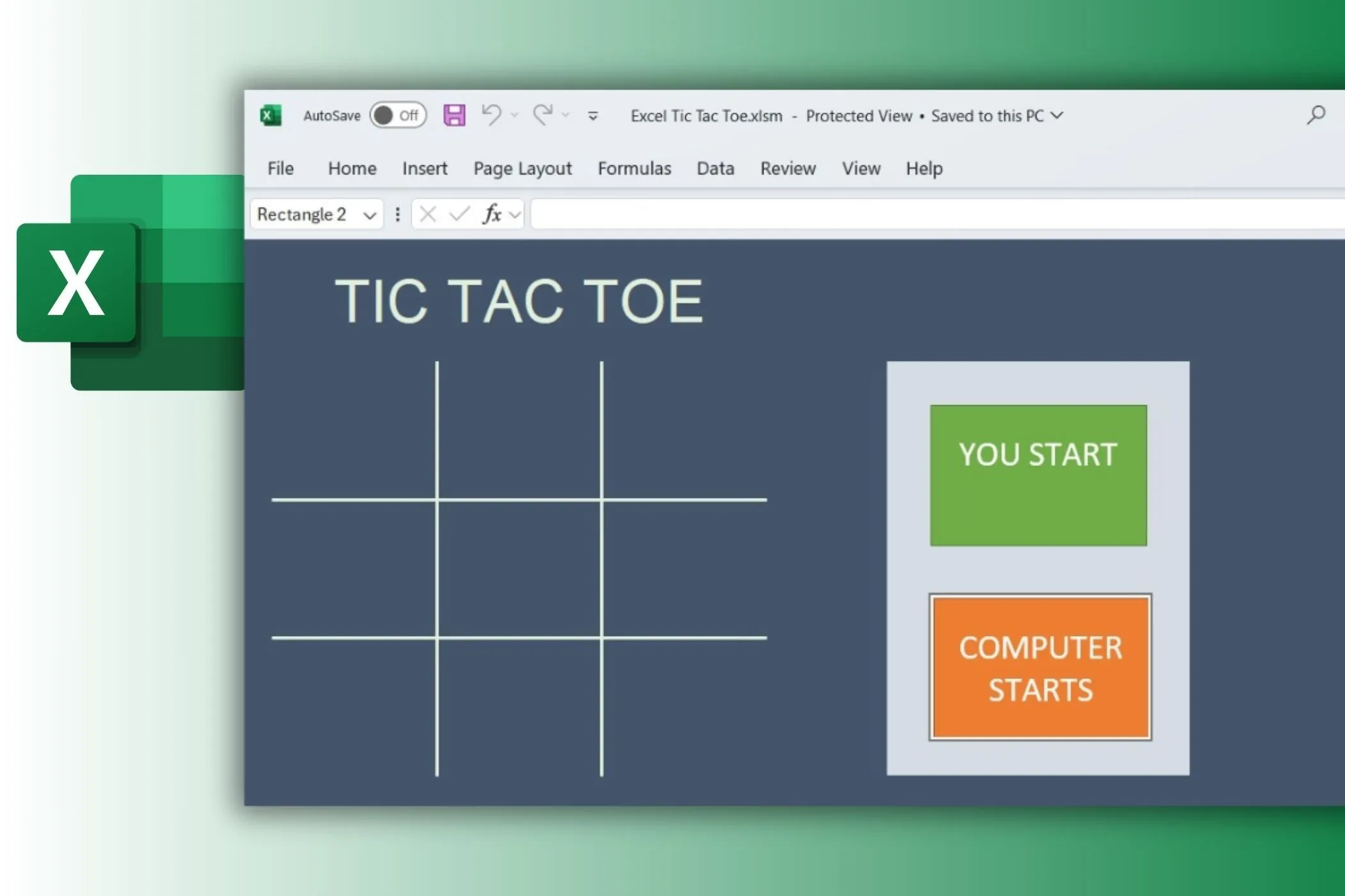 Trò chơi Tic Tac Toe trên cửa sổ Excel, với logo Excel ở nền
