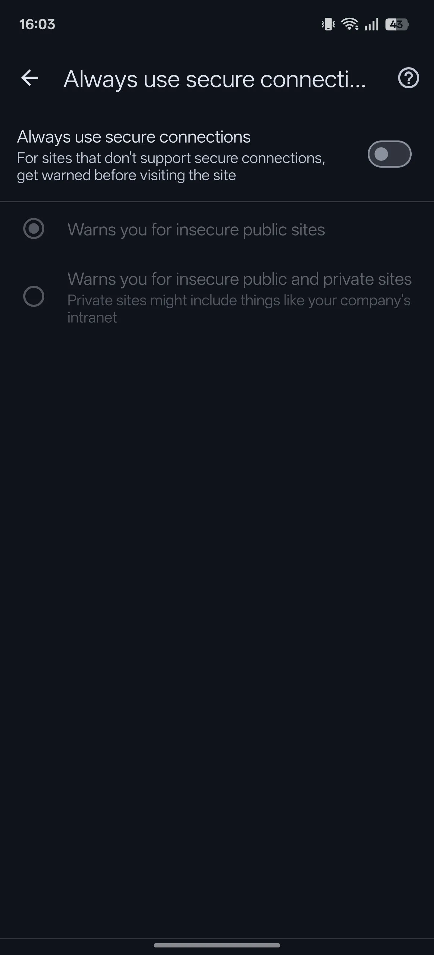 Tùy chọn &quot;Always use secure connections&quot; trong cài đặt Chrome Android