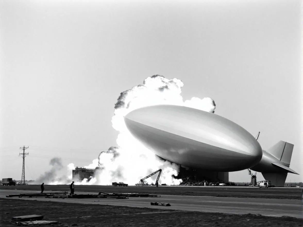 Ảnh AI tạo ra cảnh khinh khí cầu Hindenburg đang bốc cháy nhưng vẫn còn nguyên vẹn, khác biệt đáng kể so với hiện thực vụ tai nạn.