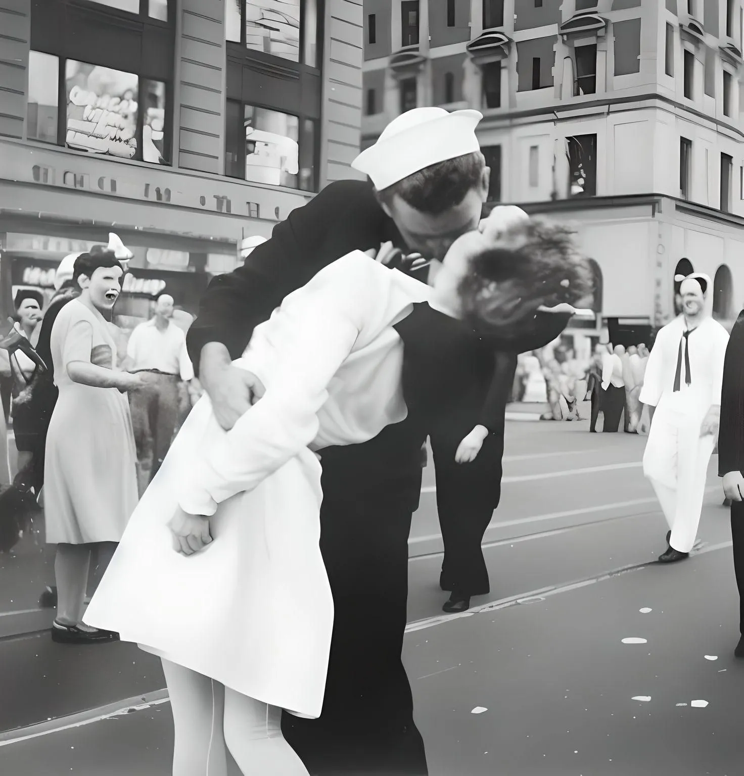Ảnh AI tạo ra từ ảnh gốc &quot;Kissing the War Goodbye&quot;, các chủ thể chính trông tốt nhưng những người ở hậu cảnh bị biến dạng một cách bất thường.