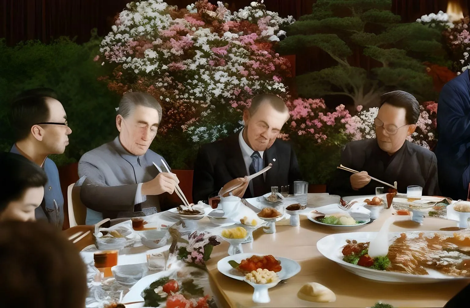 Ảnh AI tạo ra từ ảnh gốc &quot;Nixon in China&quot;, cho thấy bố cục tương tự nhưng chất lượng hình ảnh và chi tiết khuôn mặt bị biến dạng rõ rệt.