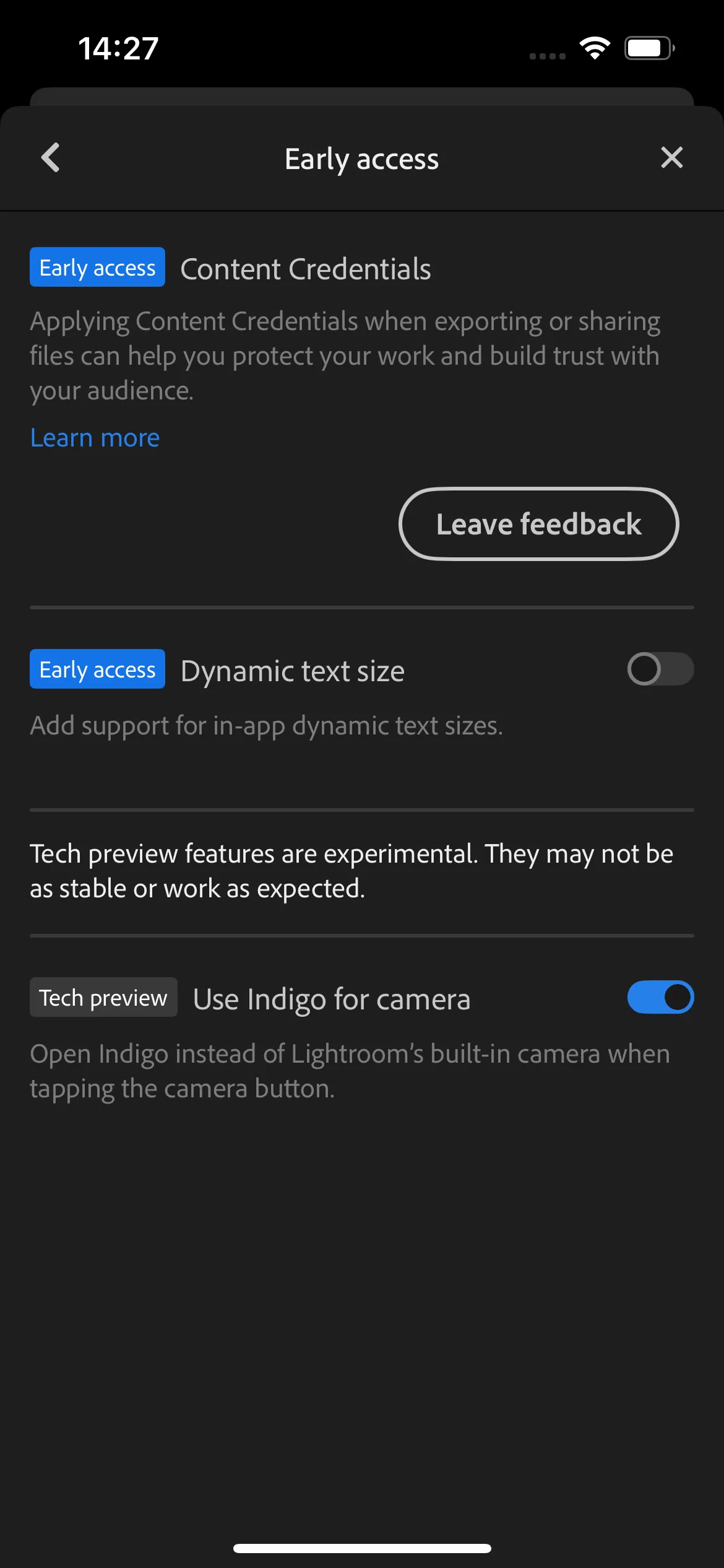 Ảnh chụp màn hình cài đặt ứng dụng Lightroom Mobile hiển thị tùy chọn tích hợp Project Indigo