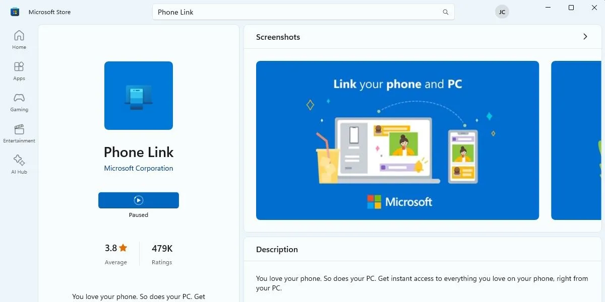 Ảnh chụp màn hình ứng dụng Microsoft Phone Link trên Microsoft Store, hỗ trợ đồng bộ điện thoại với PC