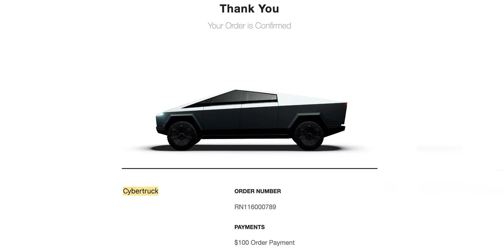 Ảnh chụp màn hình xác nhận đặt hàng xe Tesla Cybertruck