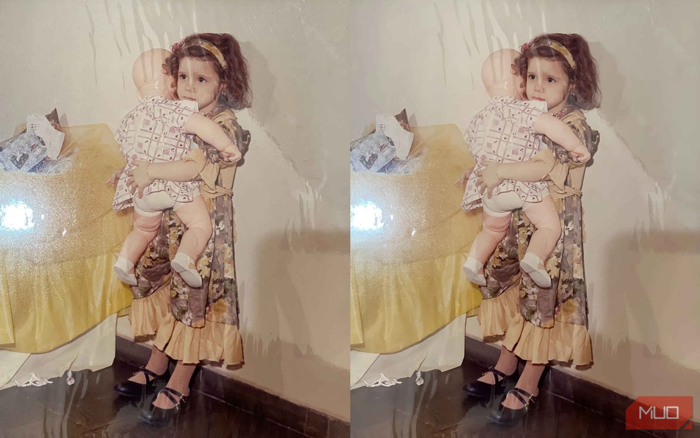 Ảnh trước và sau khi AI Picsart phục hồi bé gái ôm búp bê với mắt sắc nét
